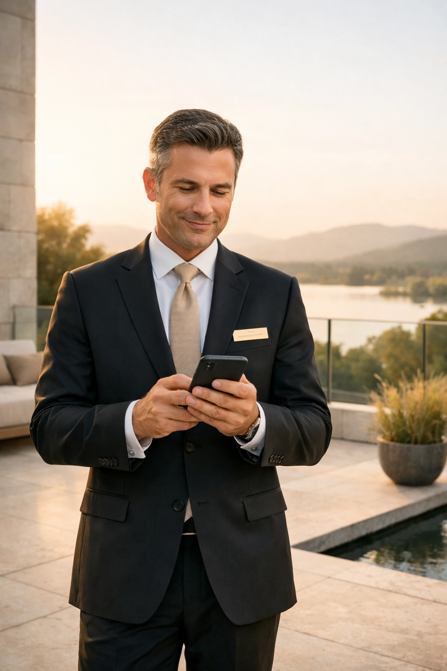 Hotel manager using cloud-native PMS software on a smartphone from a remote location.