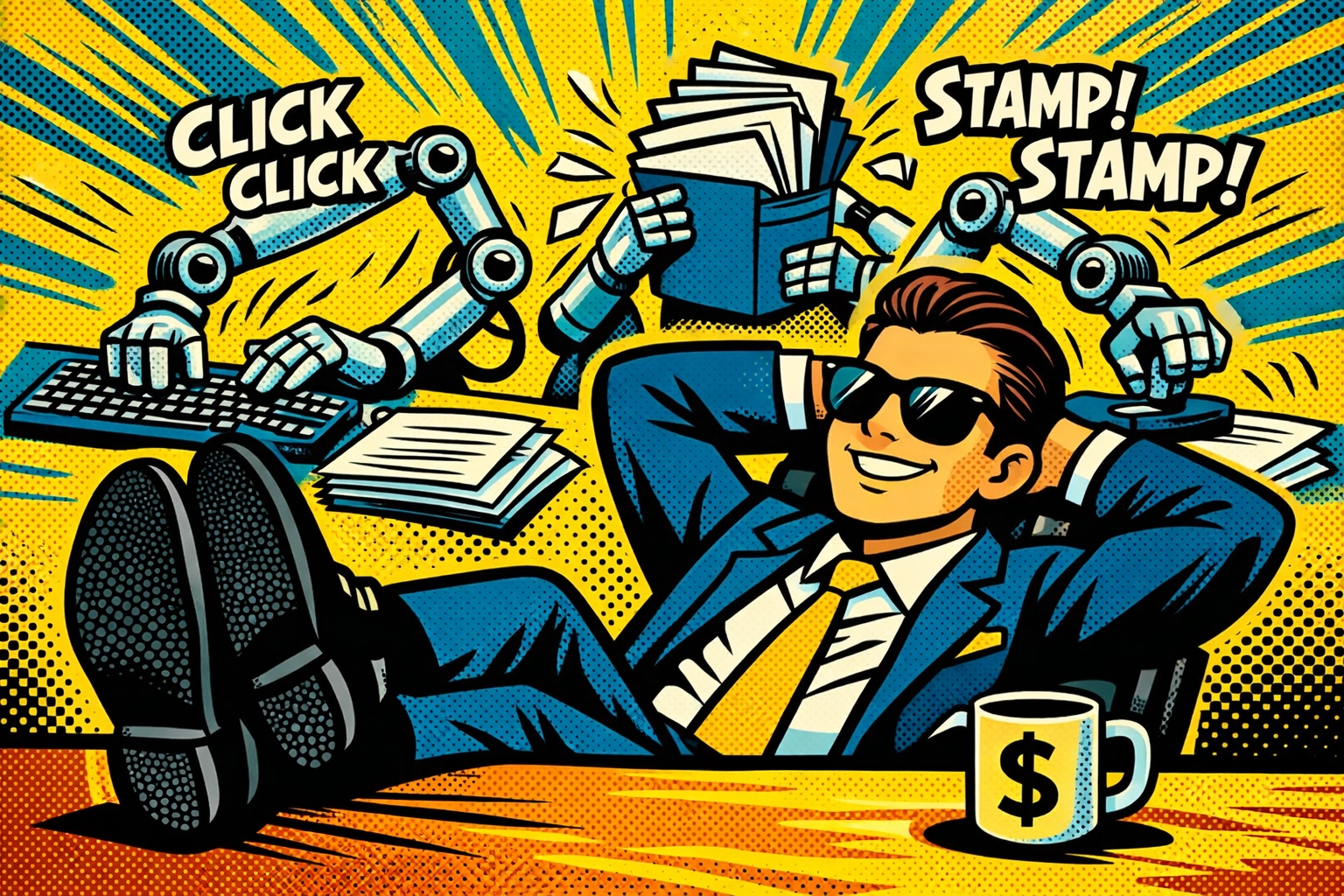 Business owner relaxing while business automation tools handle manual data entry and administrative tasks.