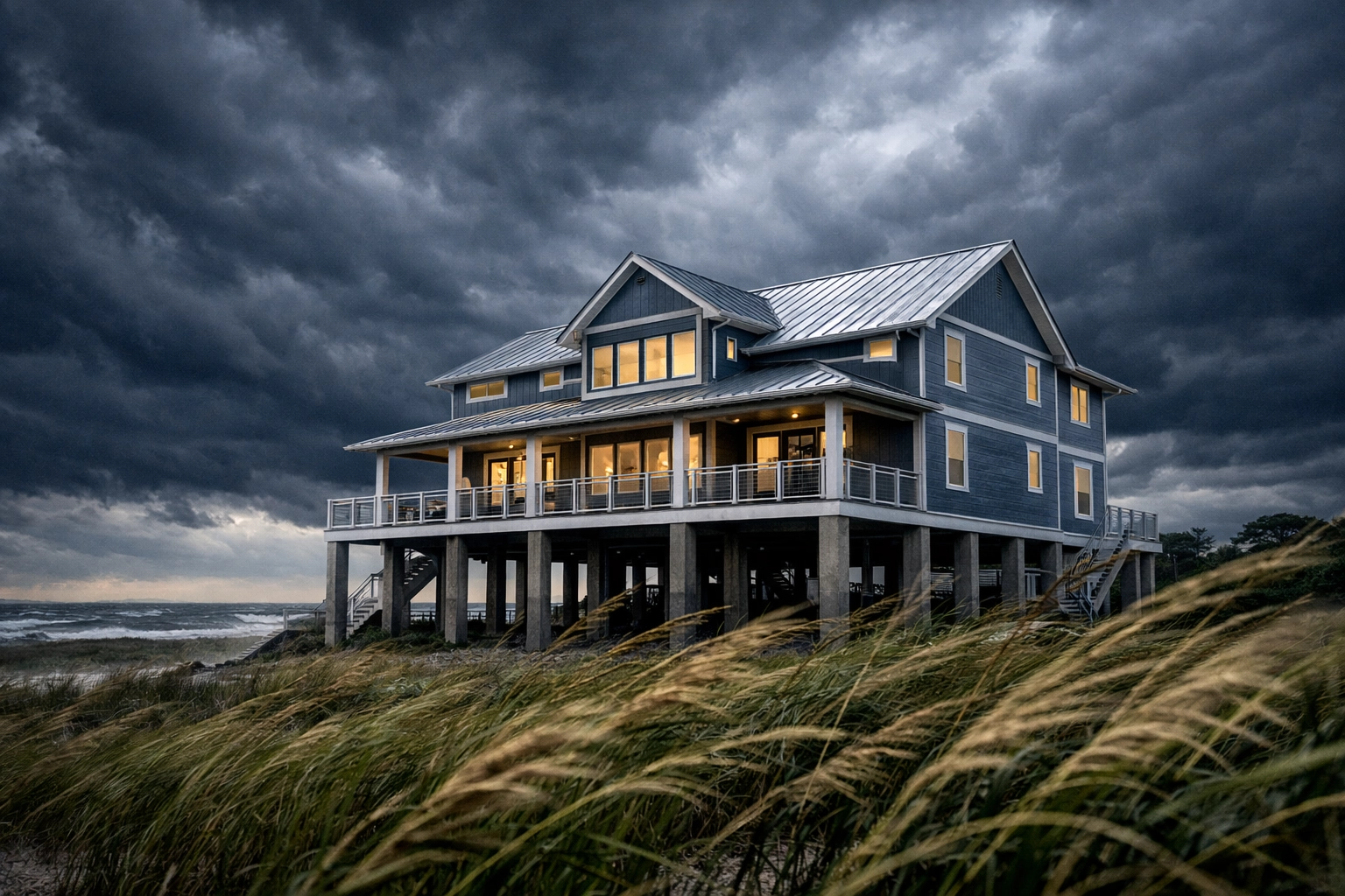 Storm-resistant elevated coastal home in North Carolina during stormy weather