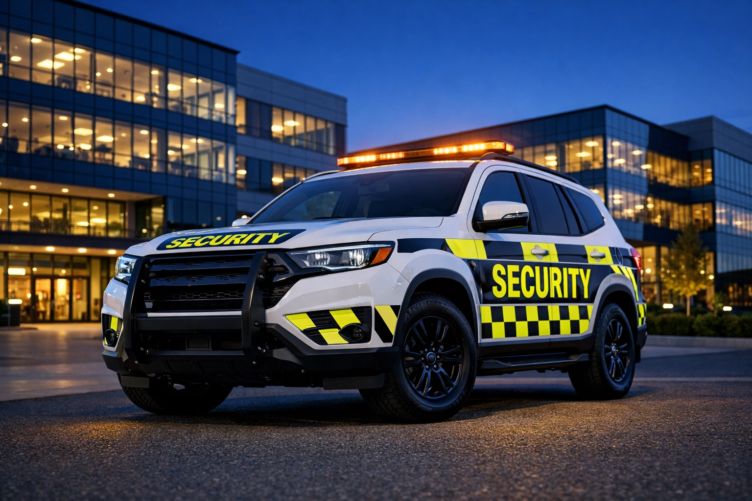 Mobile security patrol vehicle stationed at a modern commercial estate for out-of-hours protection.