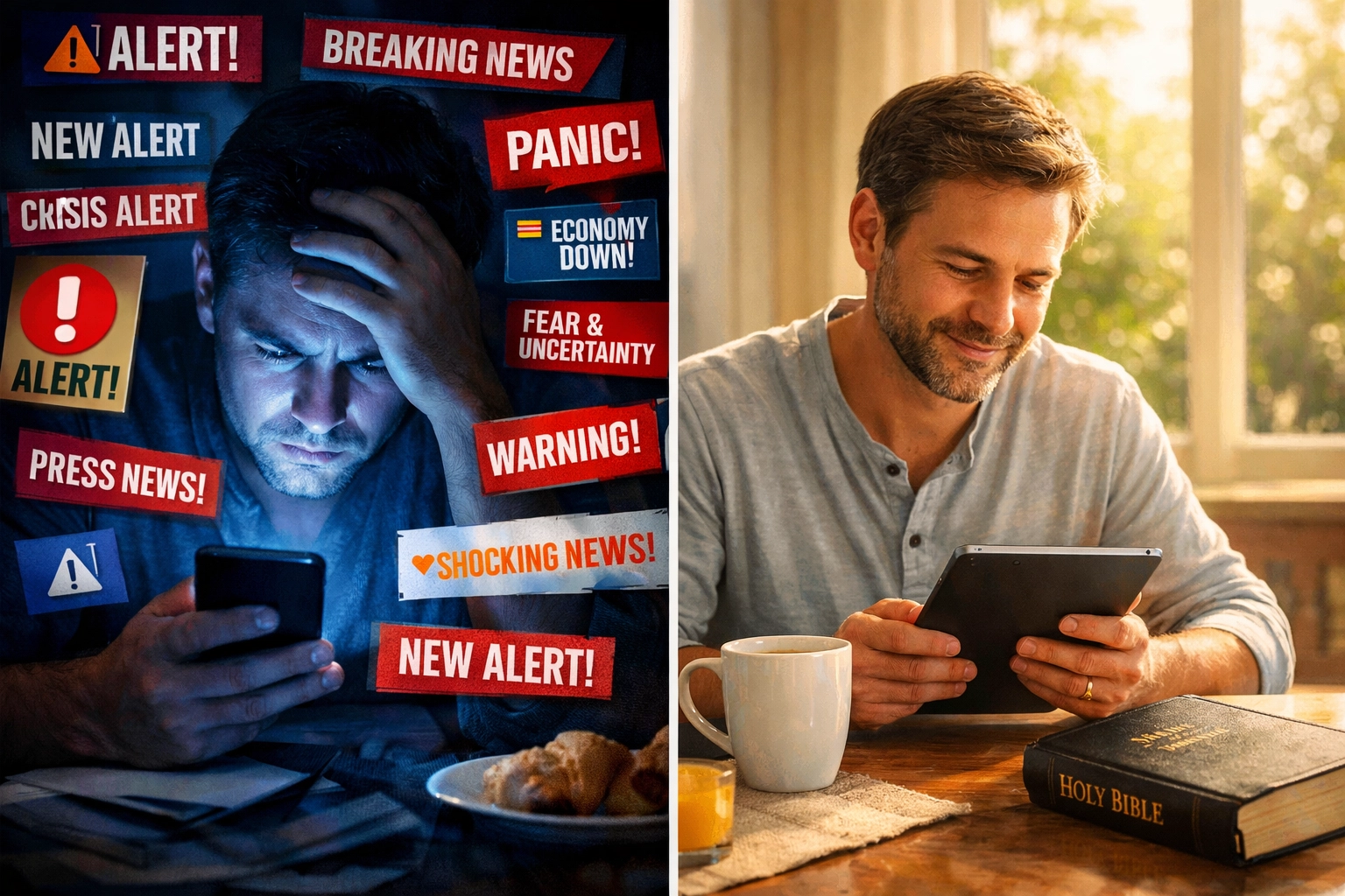 Contrast between anxious doomscrolling and peaceful Christian news reading with Bible