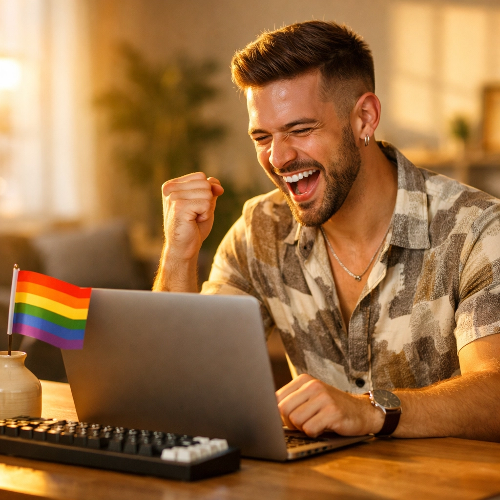 Successful gay author at a desk celebrating high e-book royalties for his MM romance books.