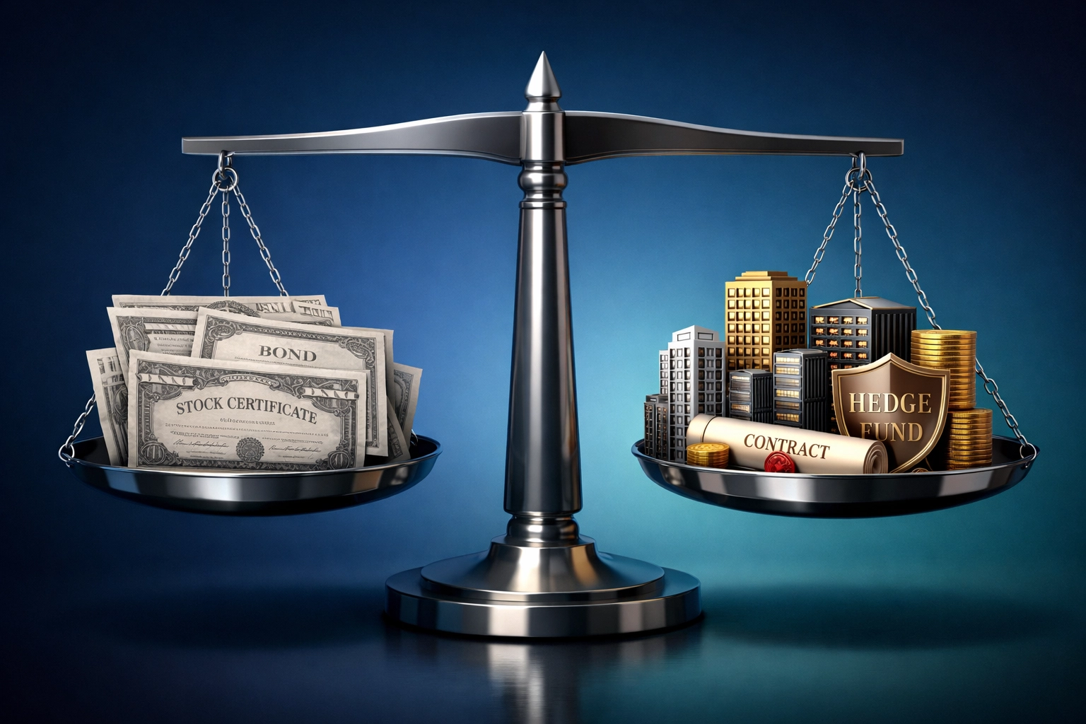 Balanced scale comparing traditional investments with alternative investment allocations