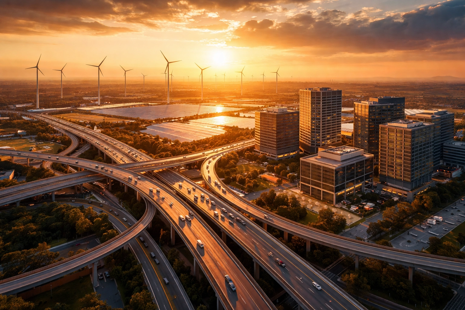 Aerial view of modern infrastructure, highways, wind turbines, and commercial real estate, highlighting inflation-protected investment assets