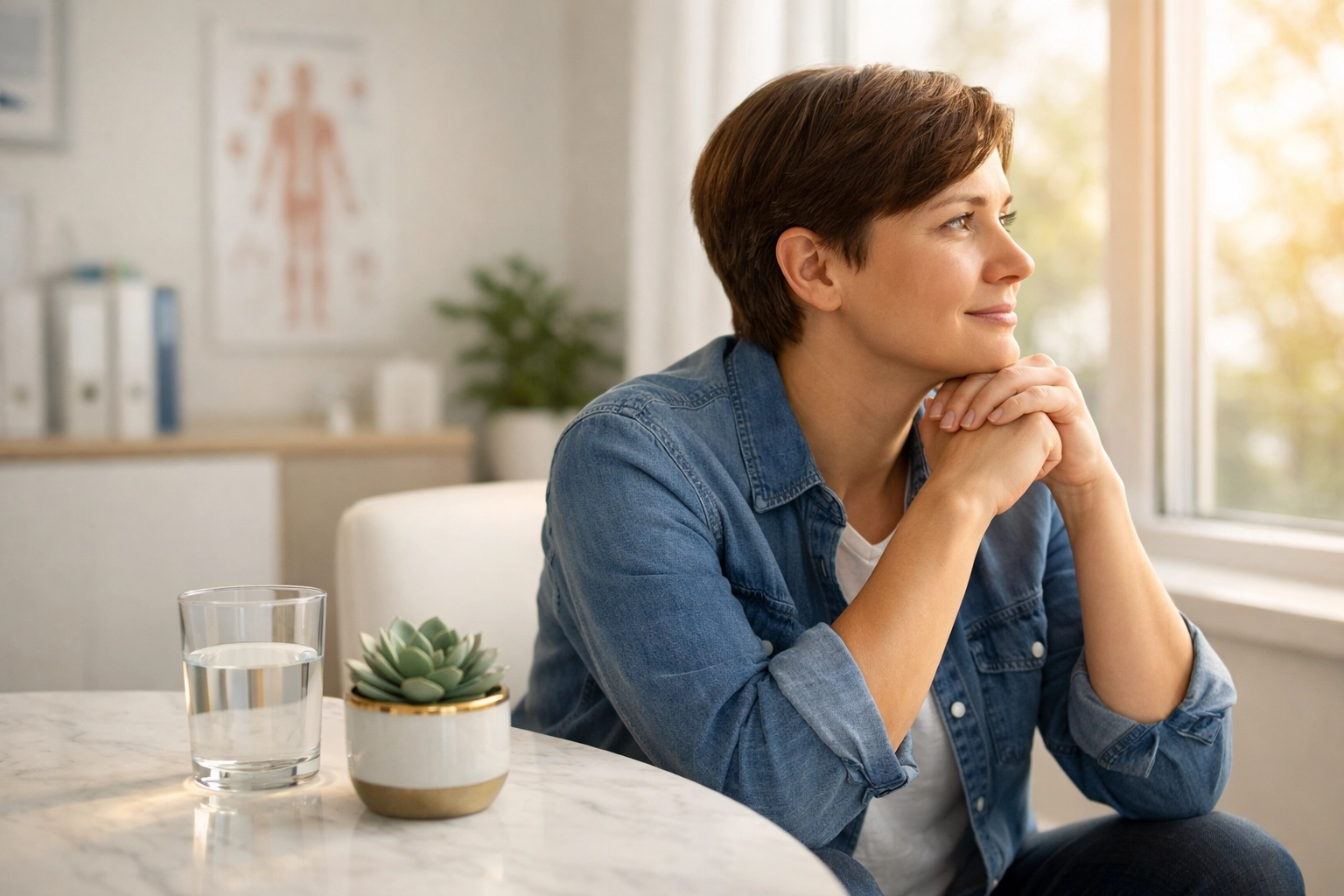 A patient in a wellness consultation discussing hormone levels and medical weight loss goals.