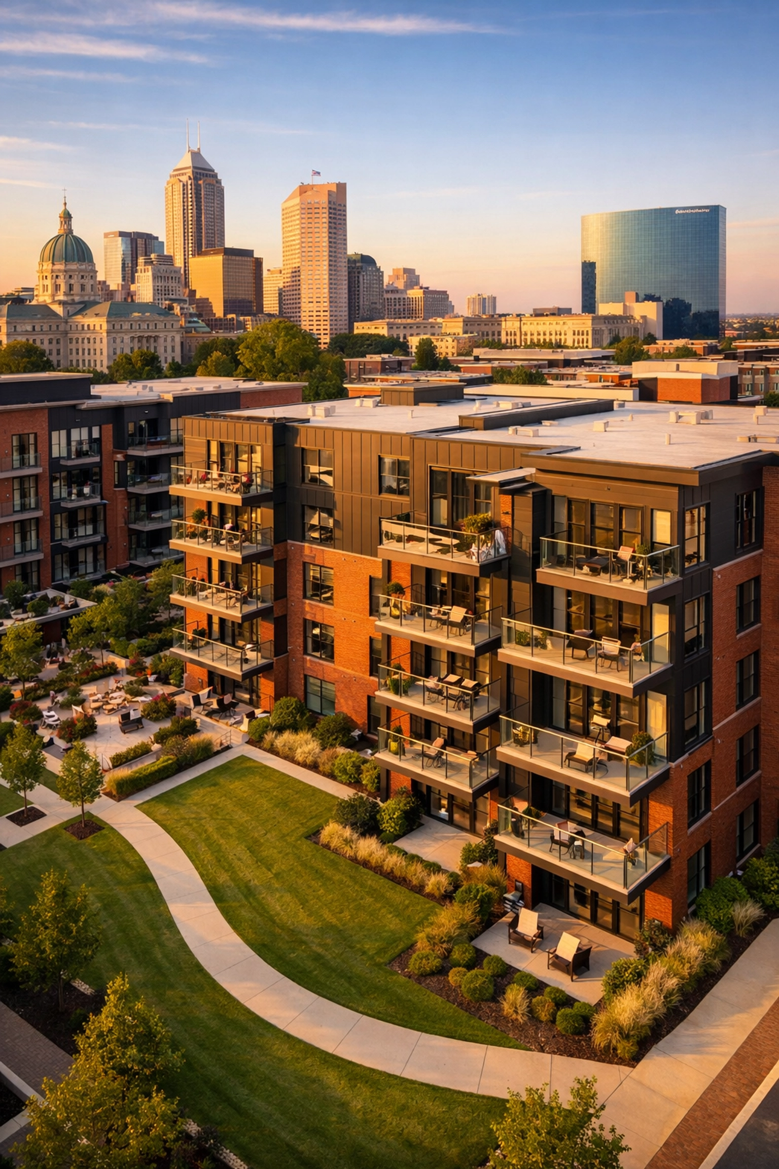 Modern multifamily residential development in downtown Indianapolis under golden hour sunlight.
