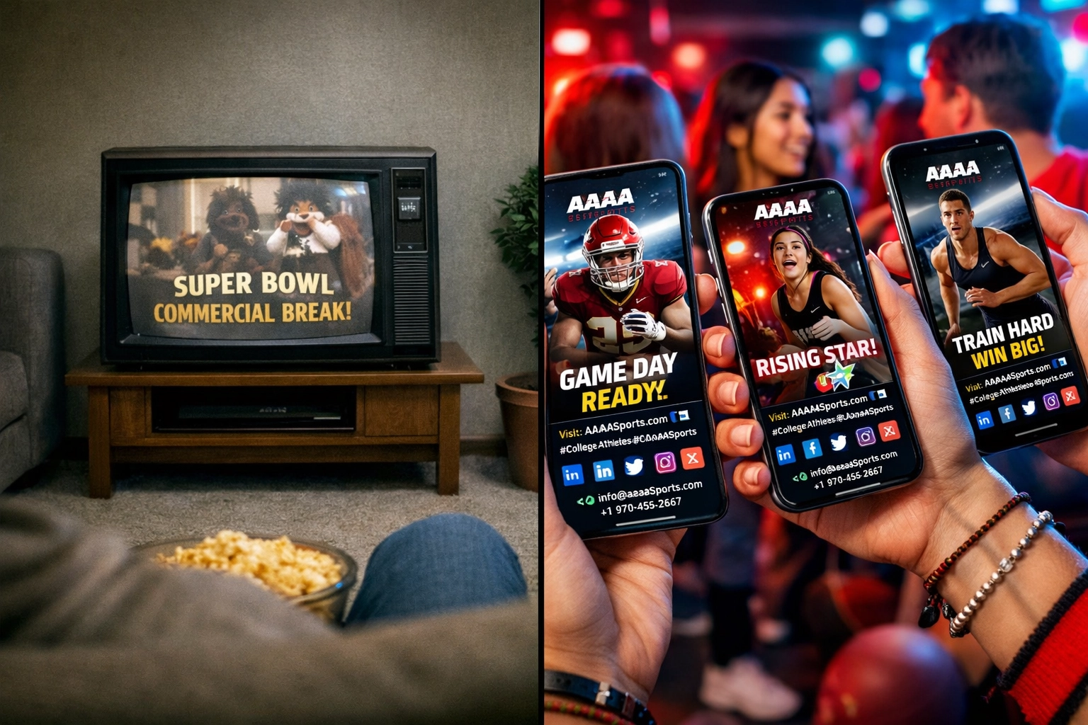 Traditional TV Super Bowl ad versus mobile social media engagement with college athletes