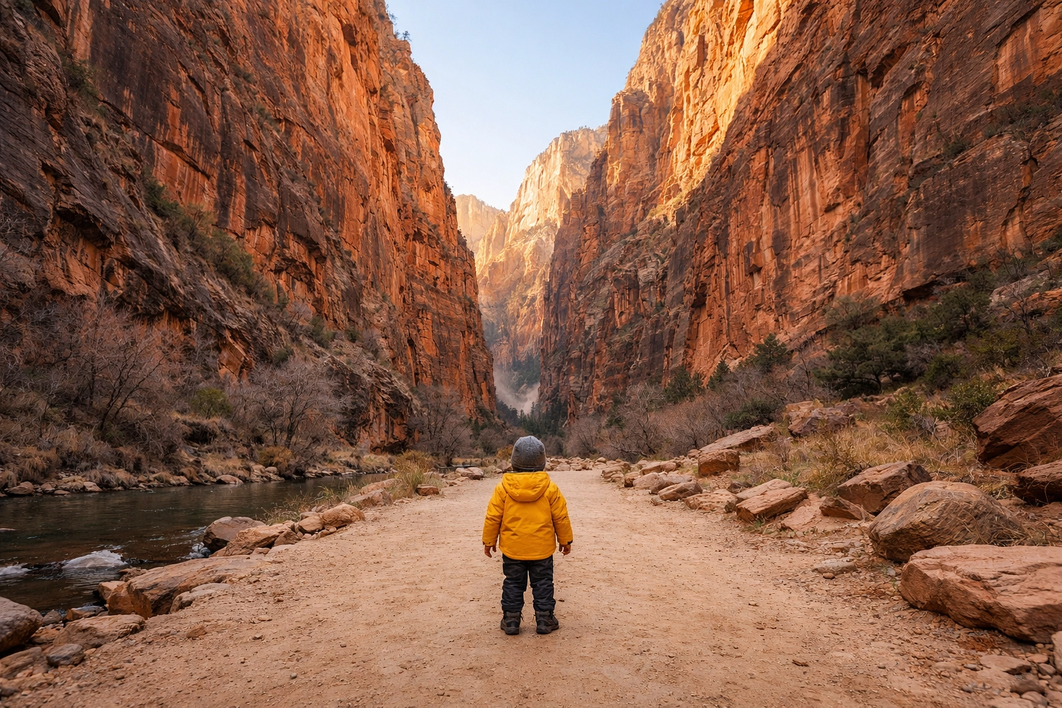 Child hiking the Riverside Walk in Zion National Park surrounded by massive canyon walls.