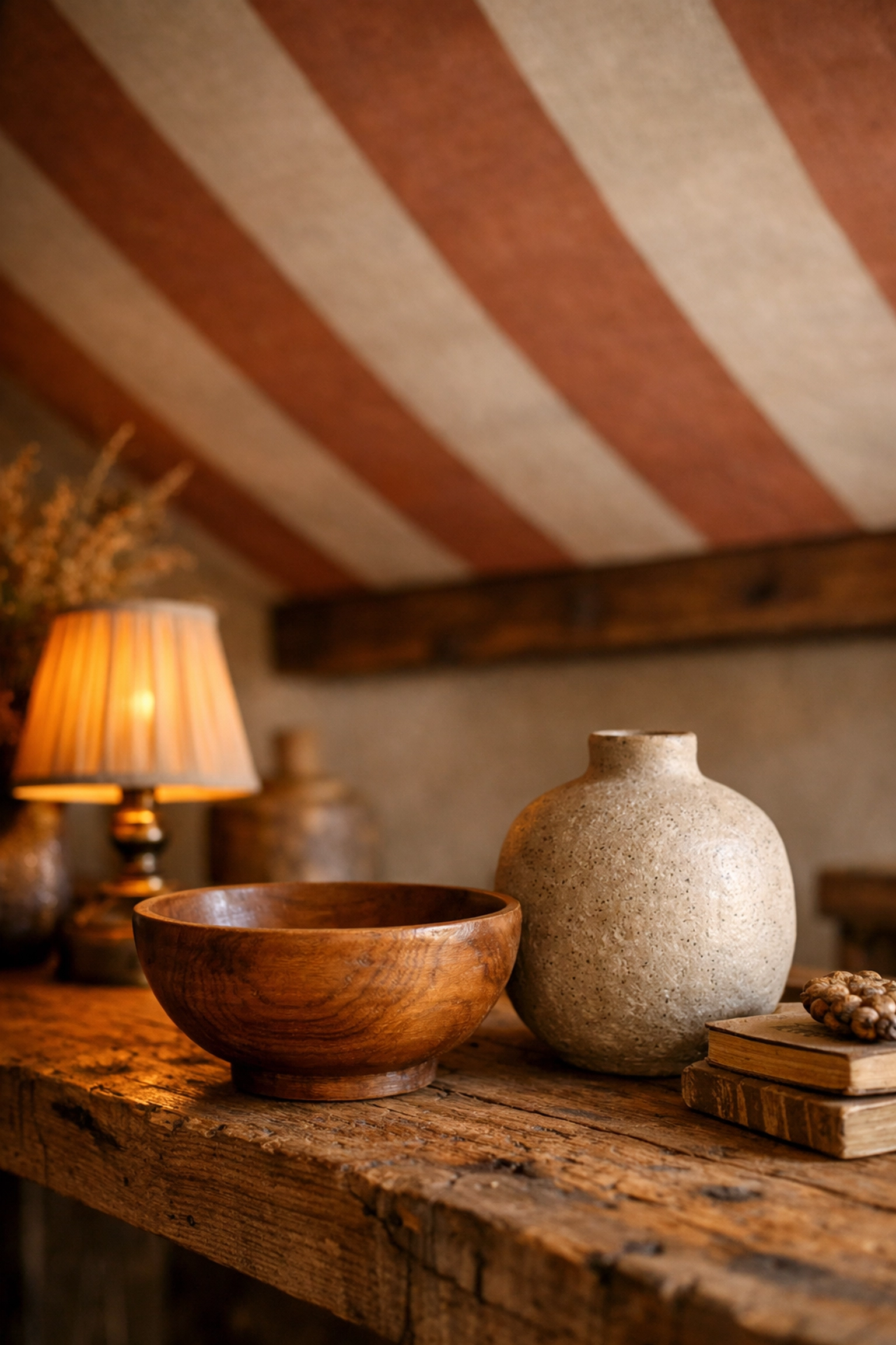 Hand-turned wooden bowl and ceramic vase artisan home decor under a wide terracotta striped ceiling.