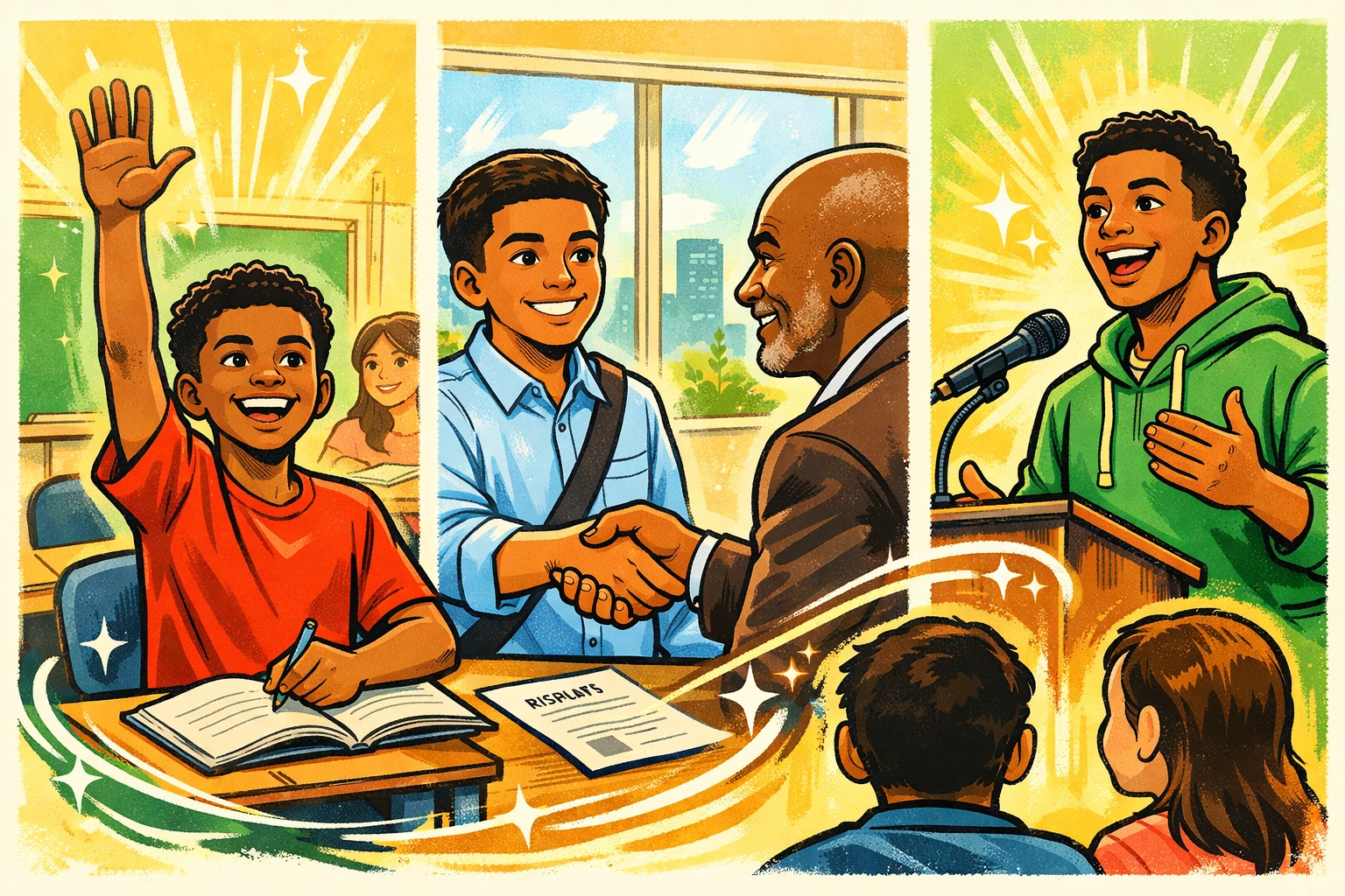 Young men demonstrating success in classroom, job interview, and community leadership