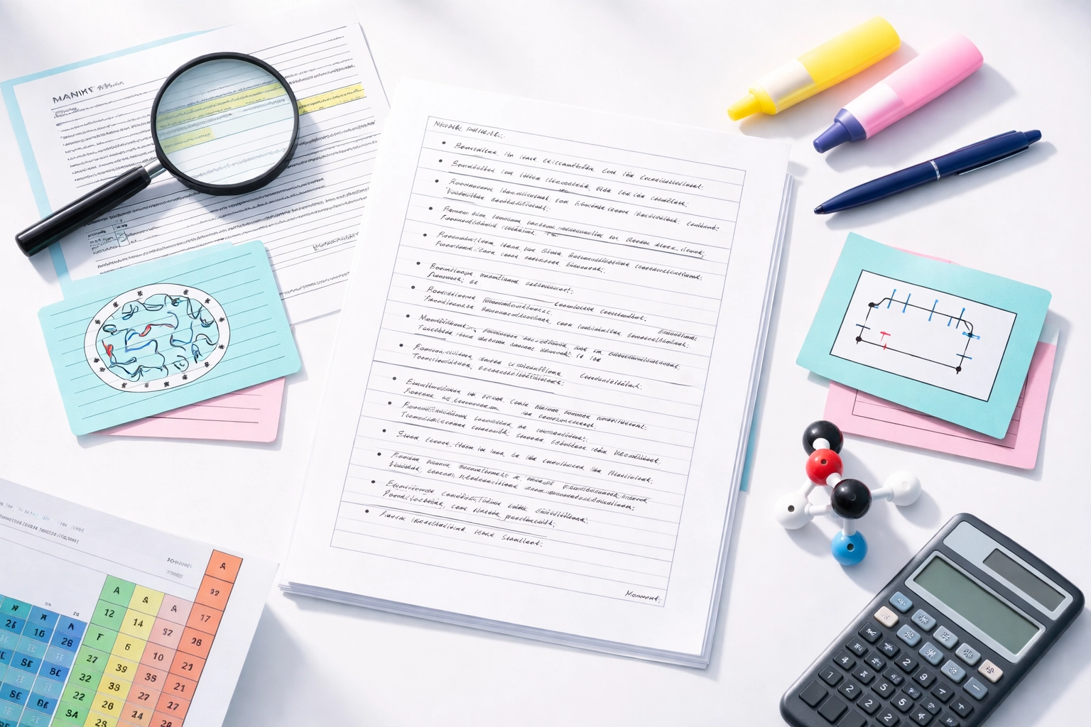 GCSE exam paper with structured answers, revision cards, and science tools representing exam technique mastery