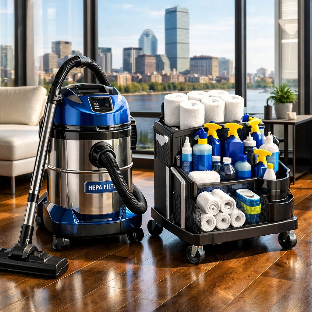 Industrial HEPA vacuum and professional tools used for post-construction cleaning MA in a loft.