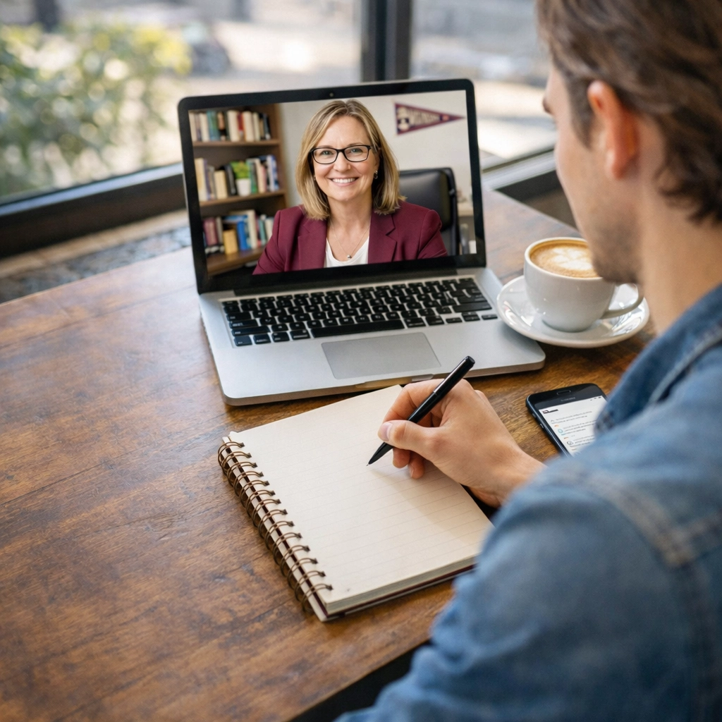 Student researching college CLEP policies during video call with Learning Specialist