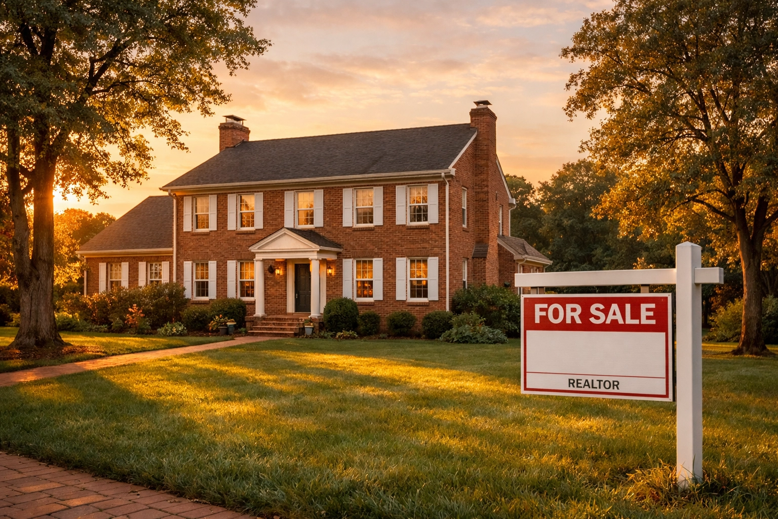 Fredericksburg colonial home with for sale sign during divorce property division process