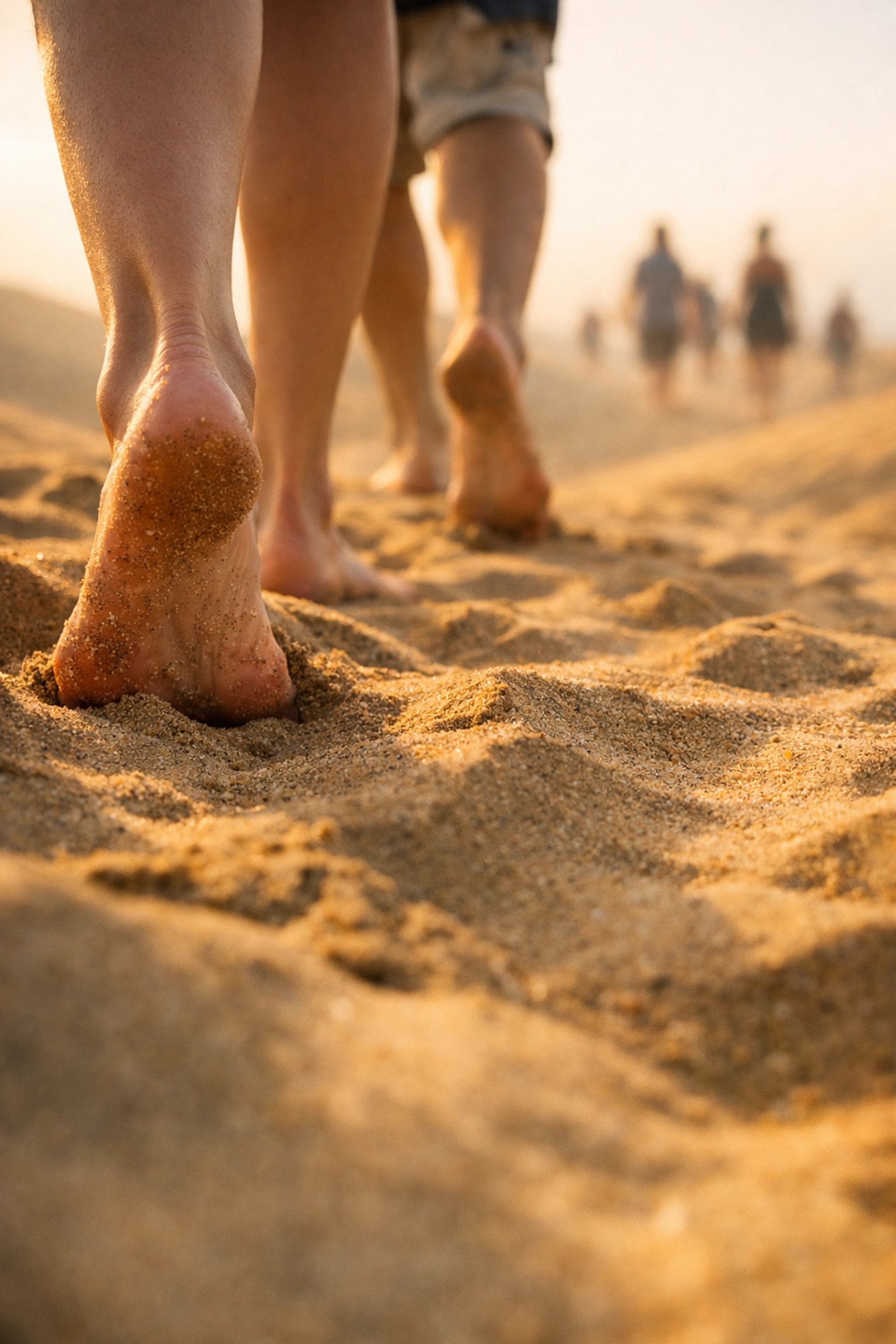 Bare feet walking through Maspalomas dunes toward freedom