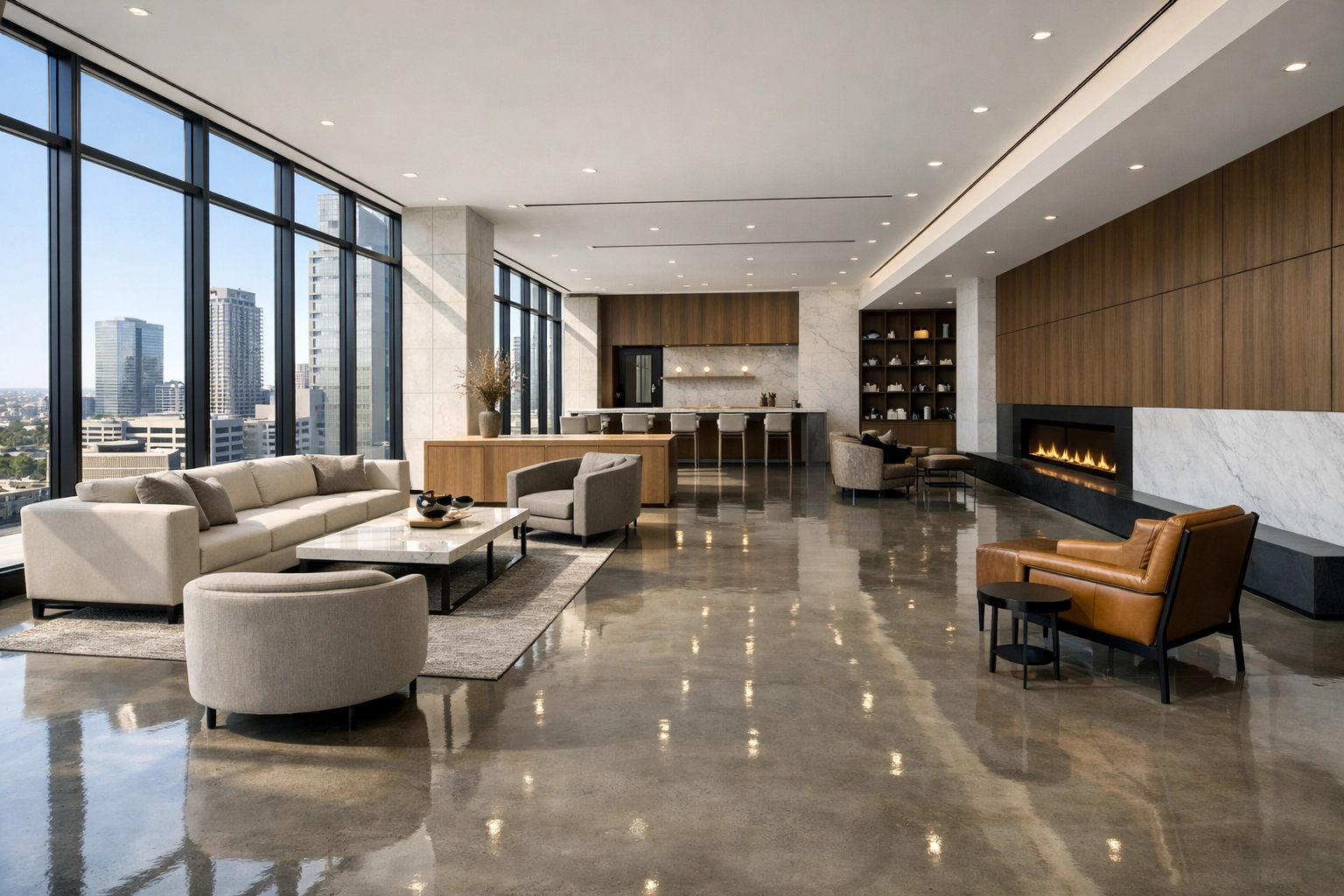 A spotless luxury apartment lobby with polished floors in a Midwest metro city hub.