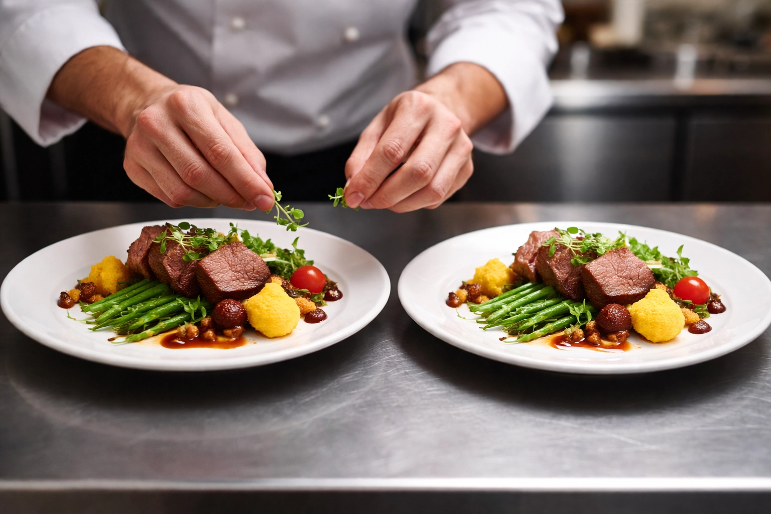 Chef plates identical dishes side-by-side, emphasizing food consistency and quality control across locations.