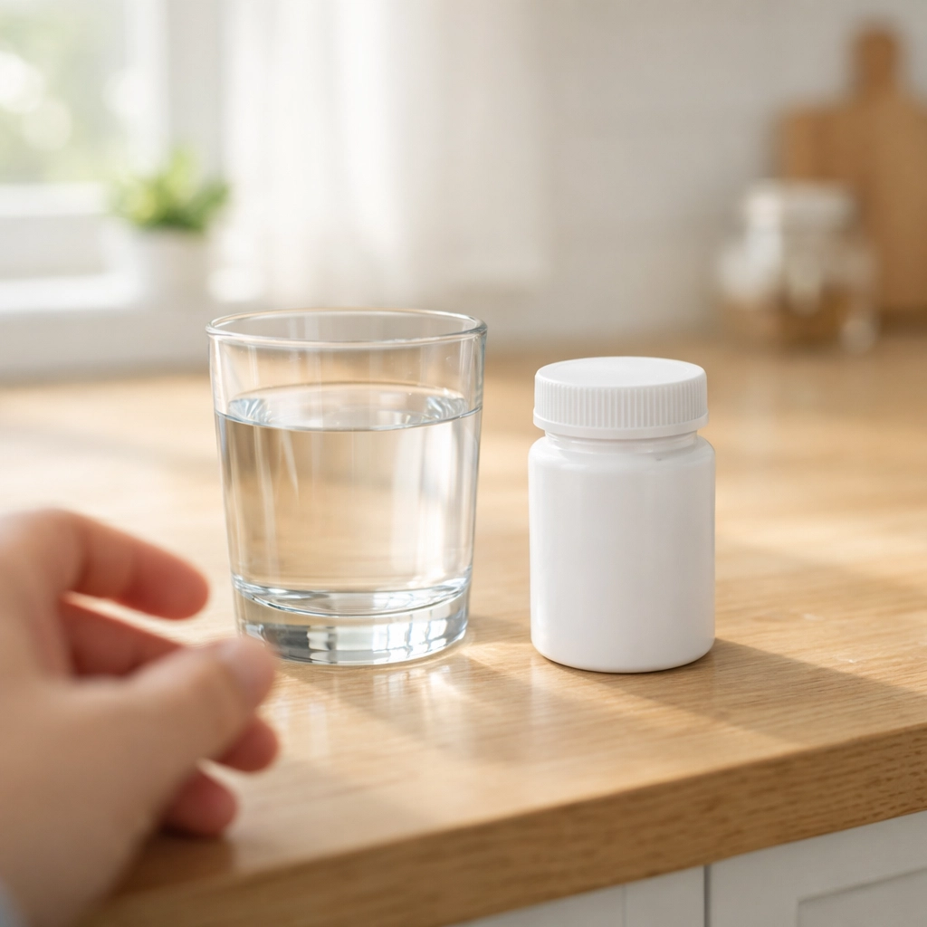 Prescription medication bottle and water glass showing convenient oral weight loss treatment options.