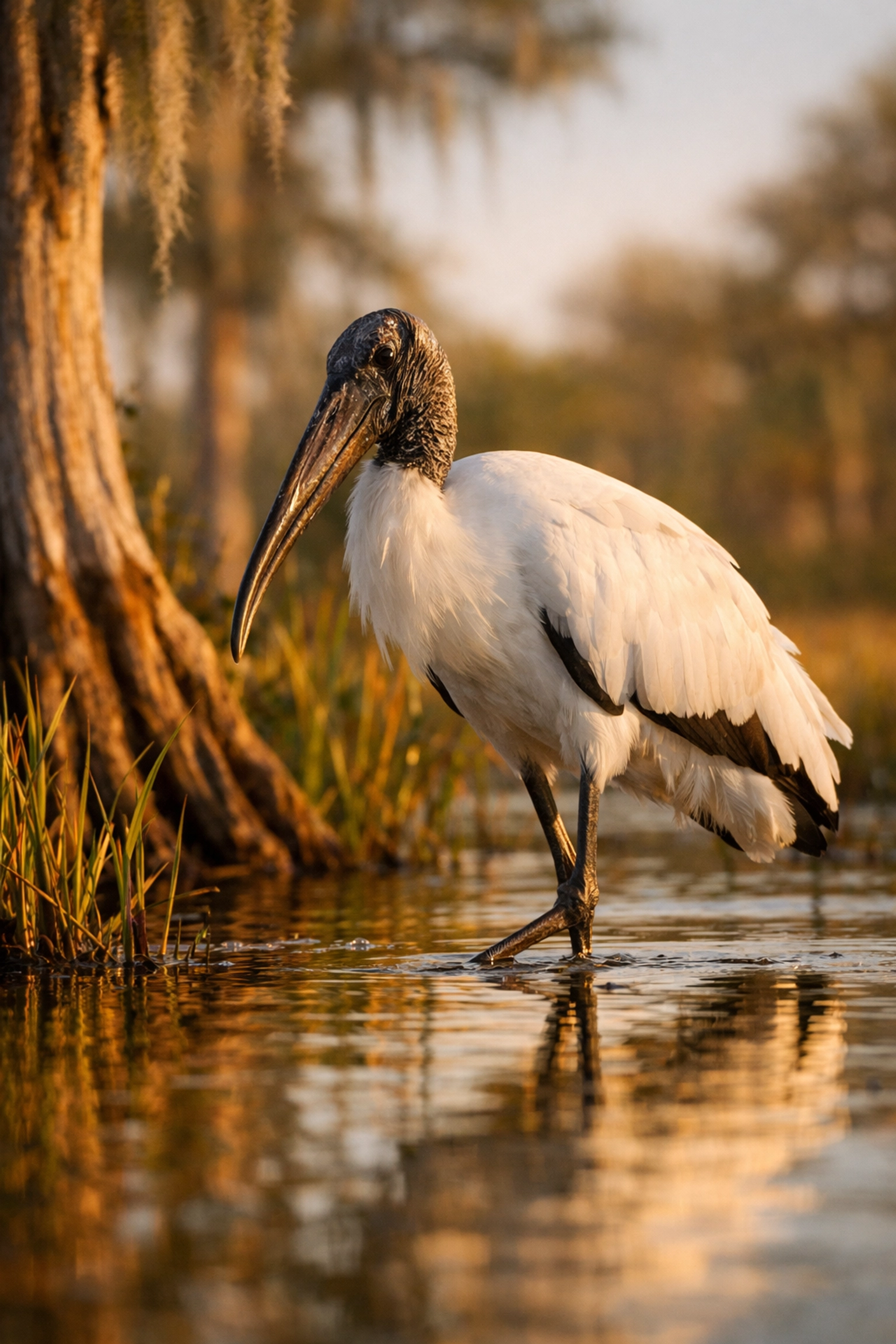 Wood stork wading in Florida wetland habitat after being delisted from endangered species list