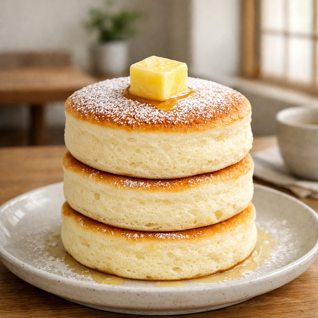 Stack of fluffy Japanese soufflé pancakes with butter, a must-eat dessert and photo spot in Harajuku.