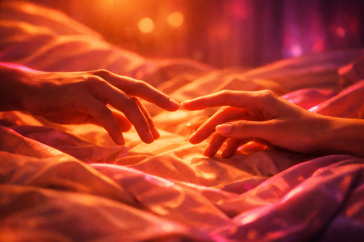 Two hands reaching toward each other across bed sheets symbolizing desire and connection