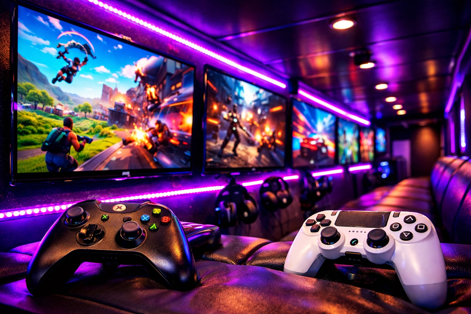Inside mobile gaming trailer featuring 55-inch TVs and gaming systems