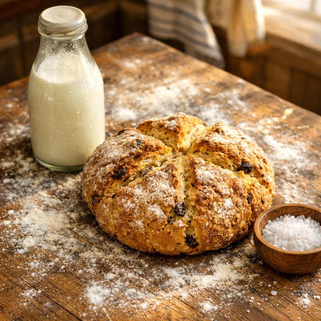 Rustic Irish soda bread loaf on a floured island with fresh buttermilk and sea salt.