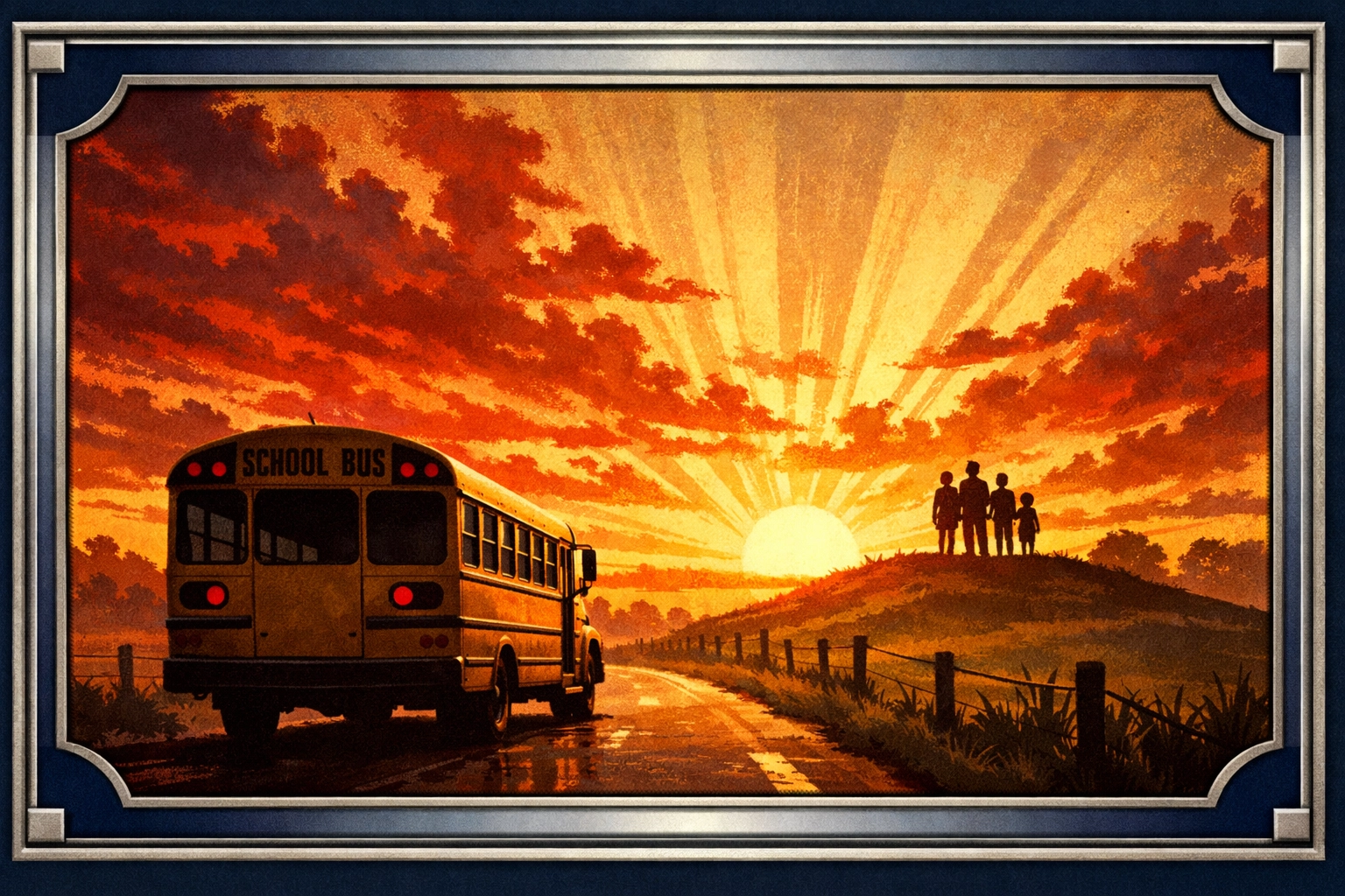 A yellow school bus silhouetted against a bright sunrise, symbolizing protection and a story of hope.