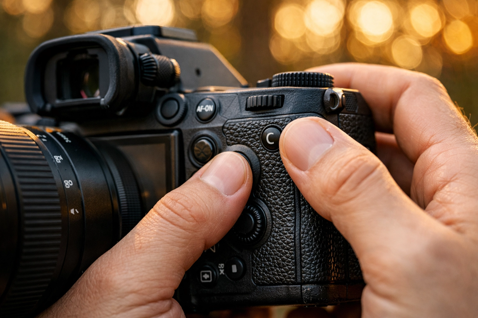 Photographer using custom buttons and a control joystick on a mirrorless camera in the field.