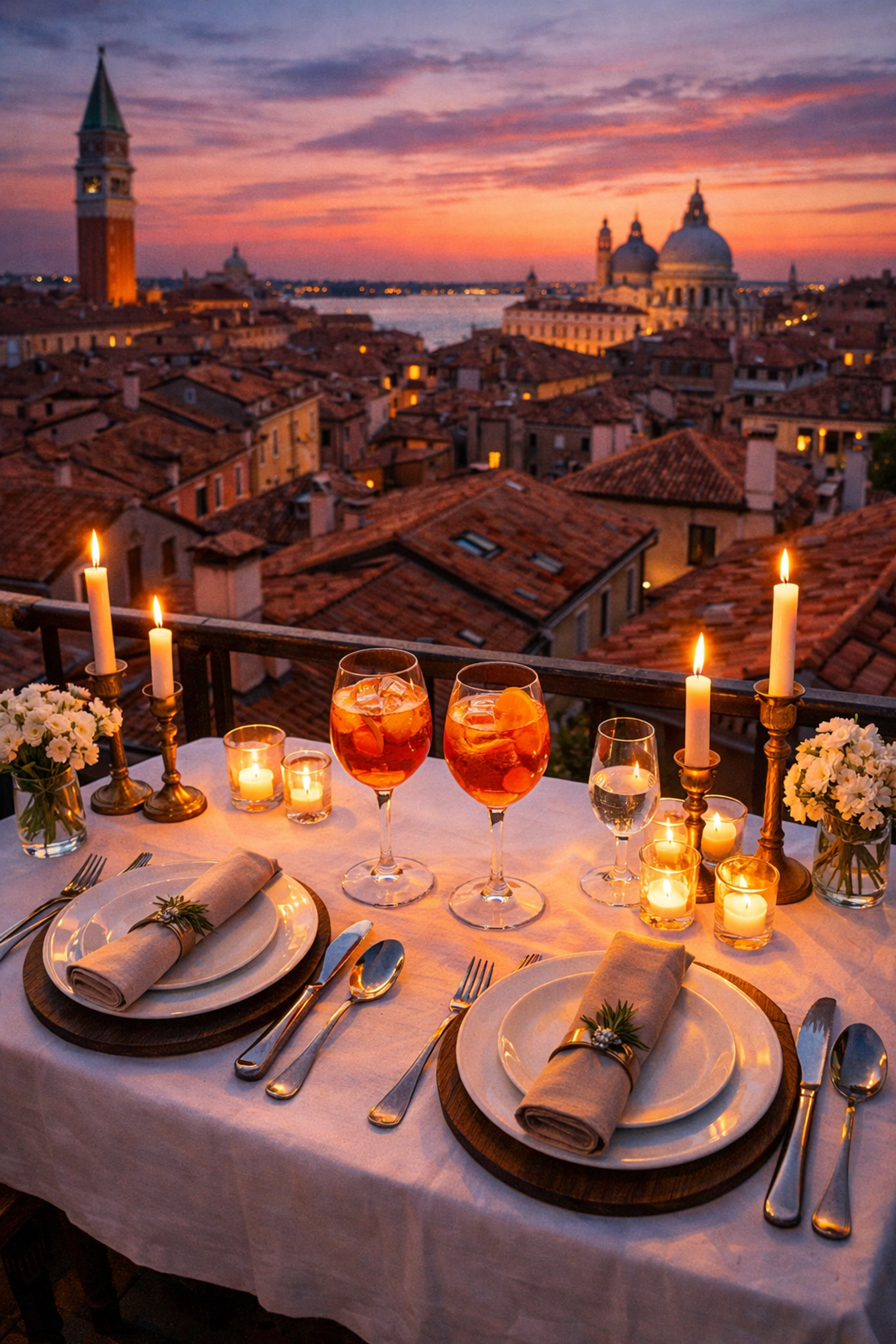 Rooftop dinner table with Aperol Spritz overlooking Venice at dusk for LGBTQ+ honeymoon
