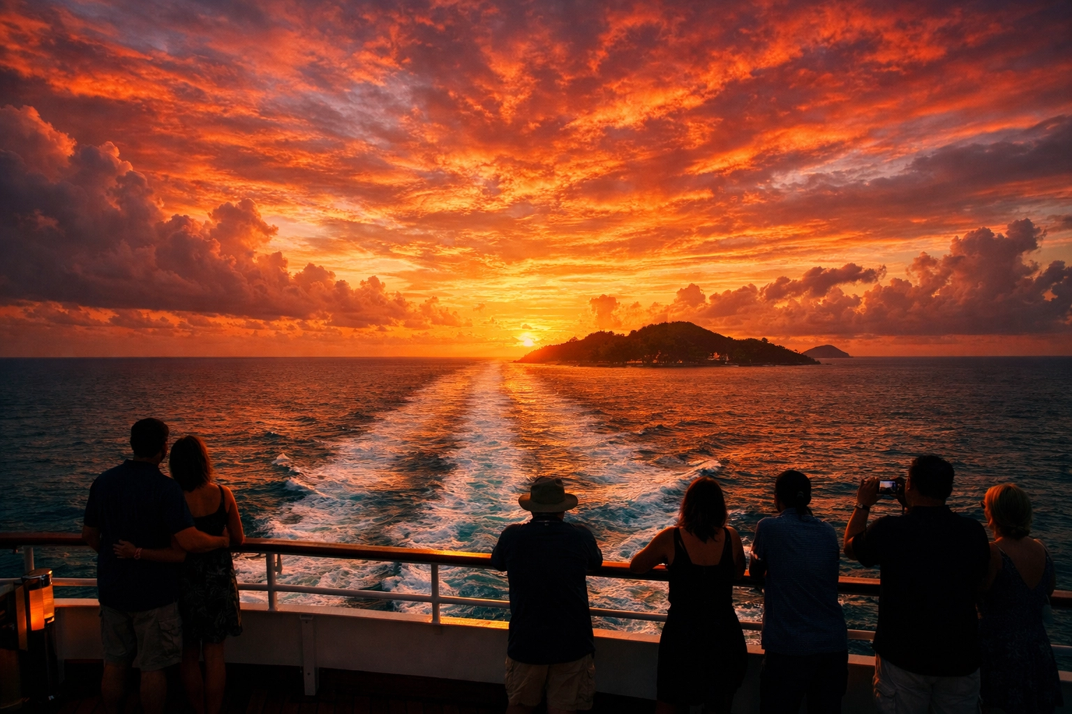 Friends watching a majestic Caribbean sunset together after a successful group cruise booking.