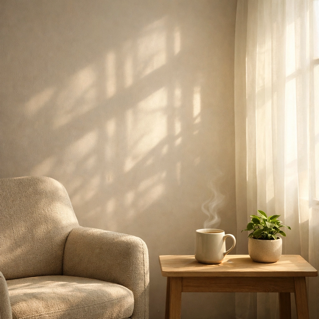 A peaceful sun-drenched seating area with tea, symbolizing a calm sanctuary for postpartum healing and recovery.