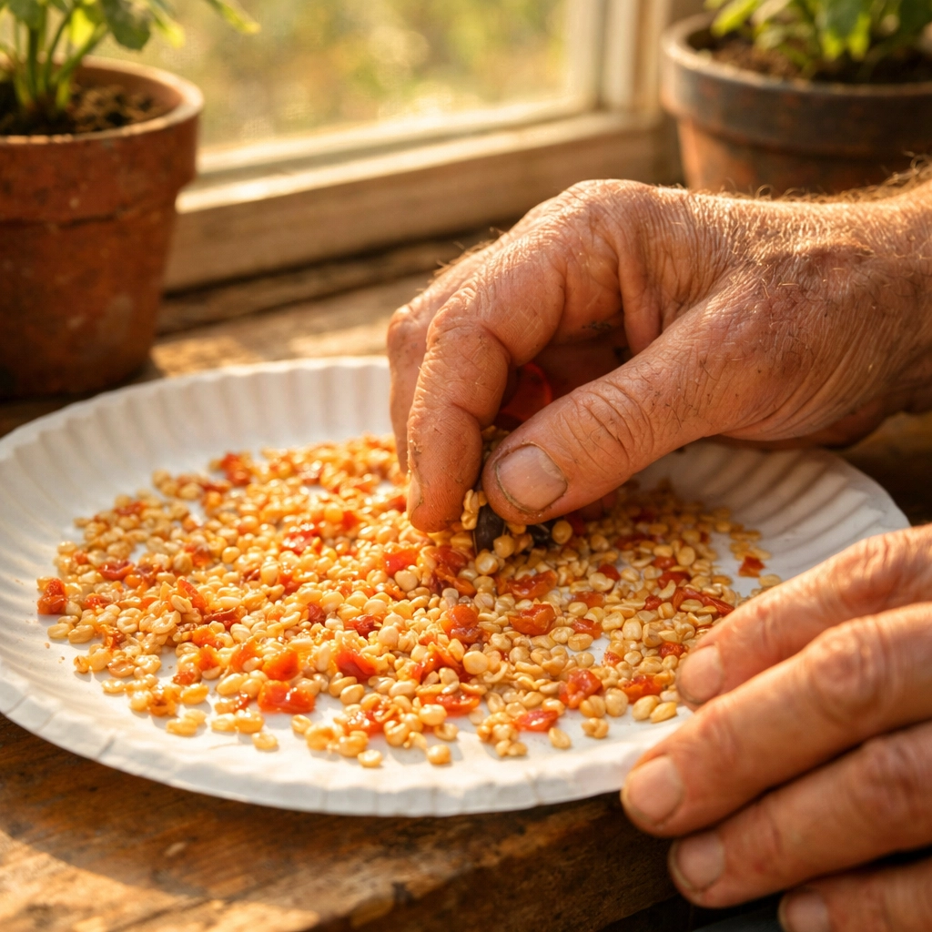 Drying tomato seeds on a plate in sunlight with hands gently stirring them