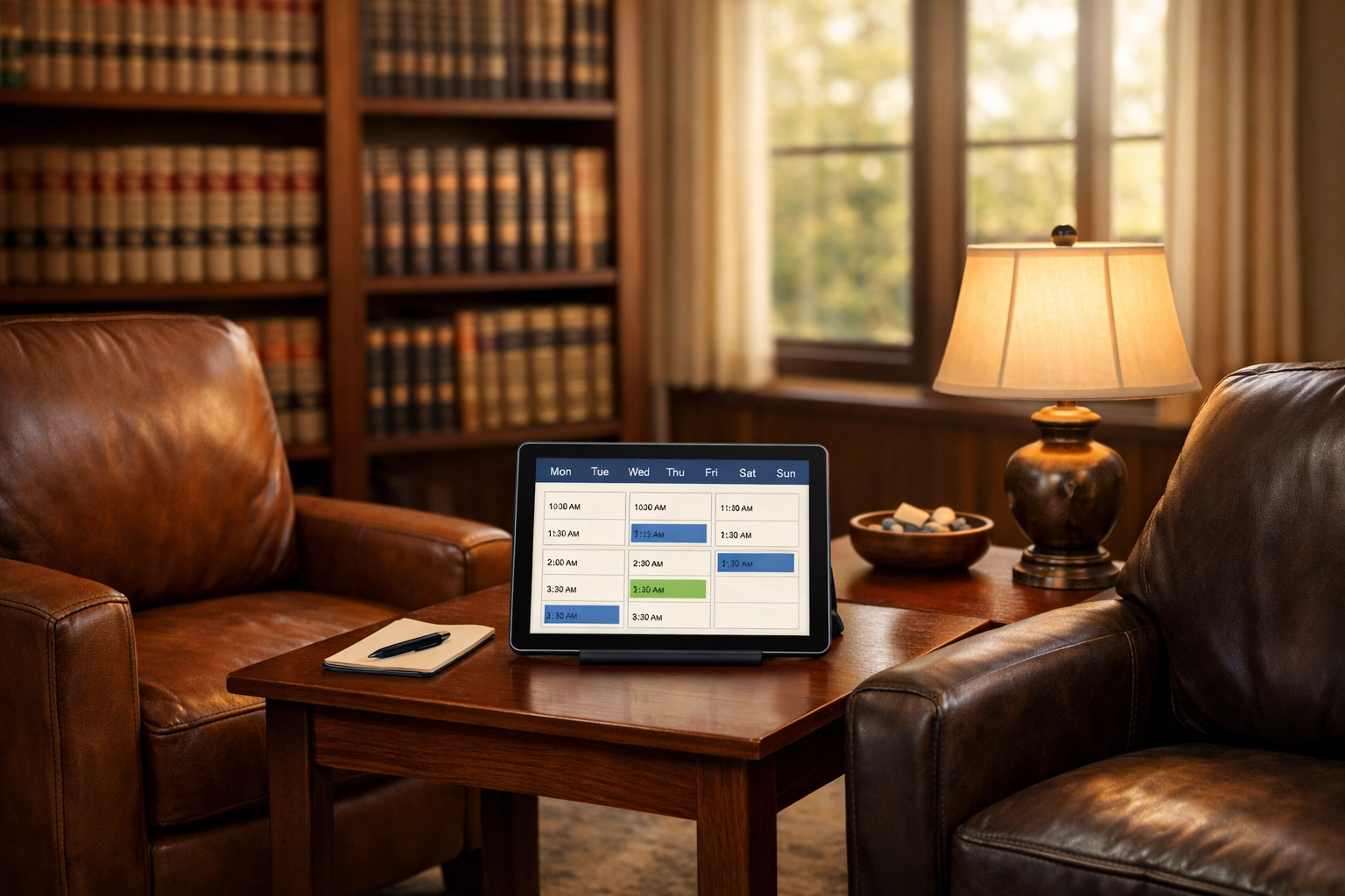 Professional family law consultation room prepared for client meeting with calendar