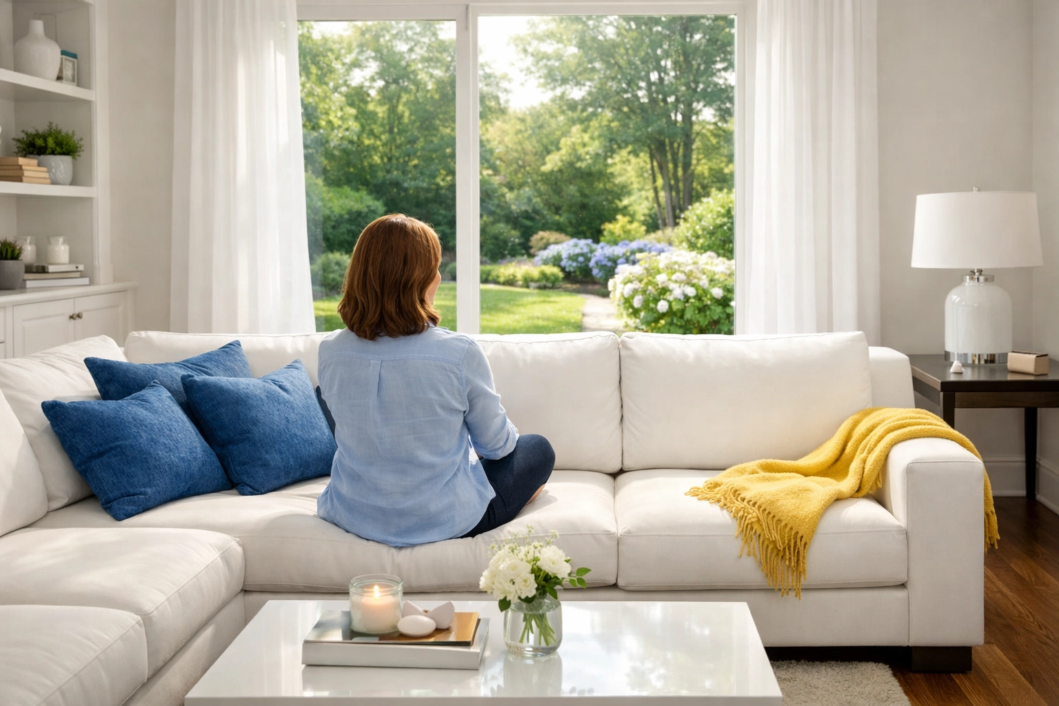 A homeowner relaxing in a sparkling clean living room thanks to reliable house cleaning services MA.