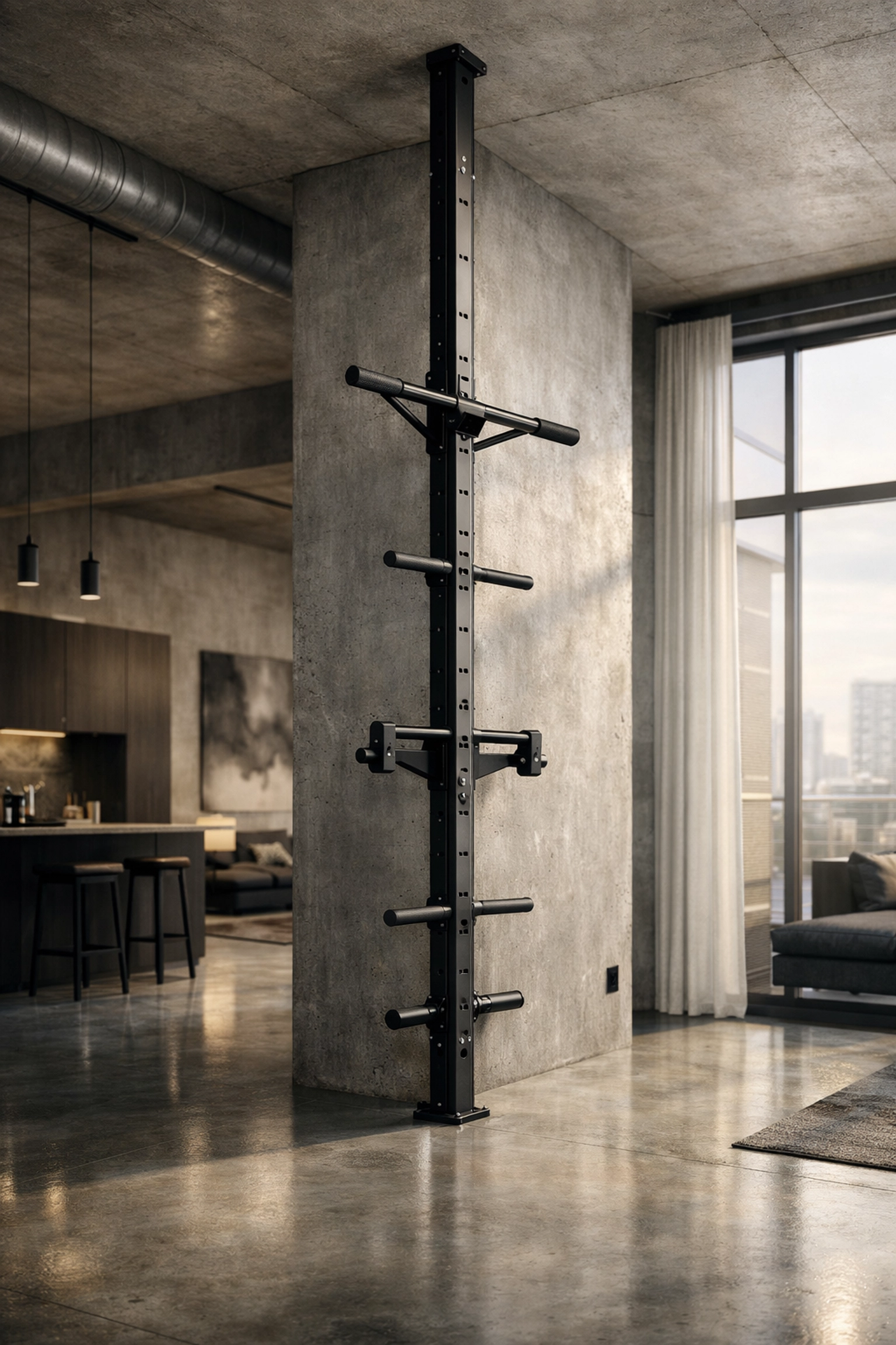Sleek floor to ceiling gym system for a versatile home gym in a modern apartment.