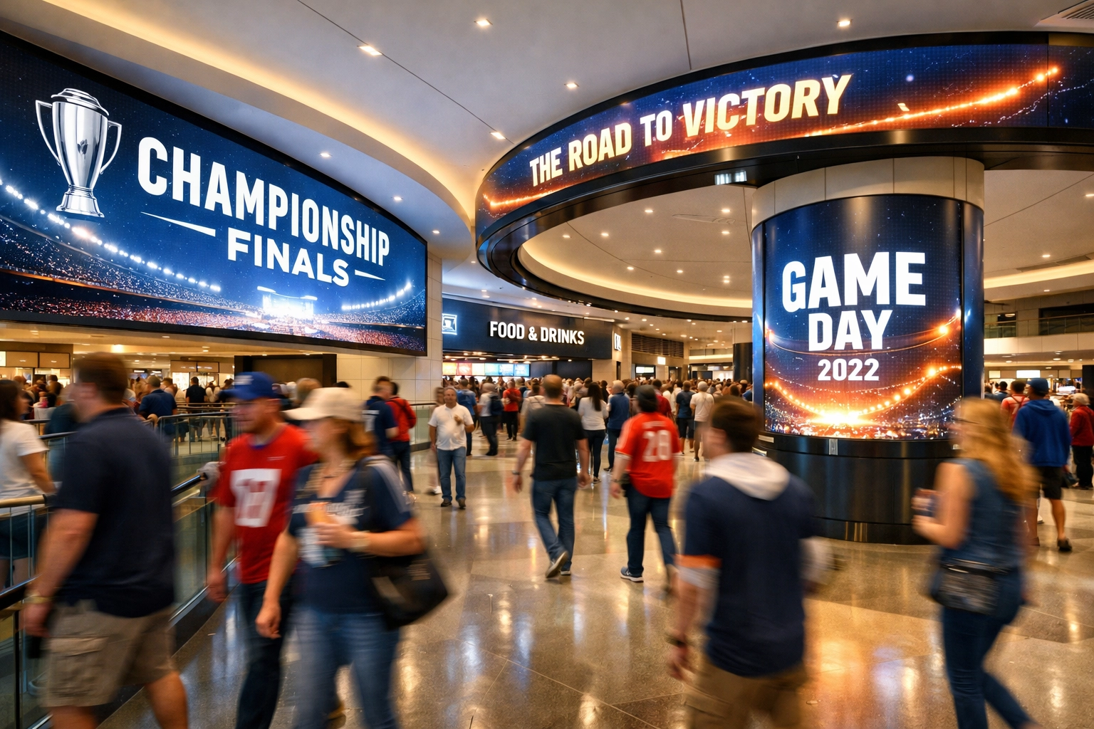 Immersive stadium concourse branding with digital displays on pillars for Super Bowl advertising.