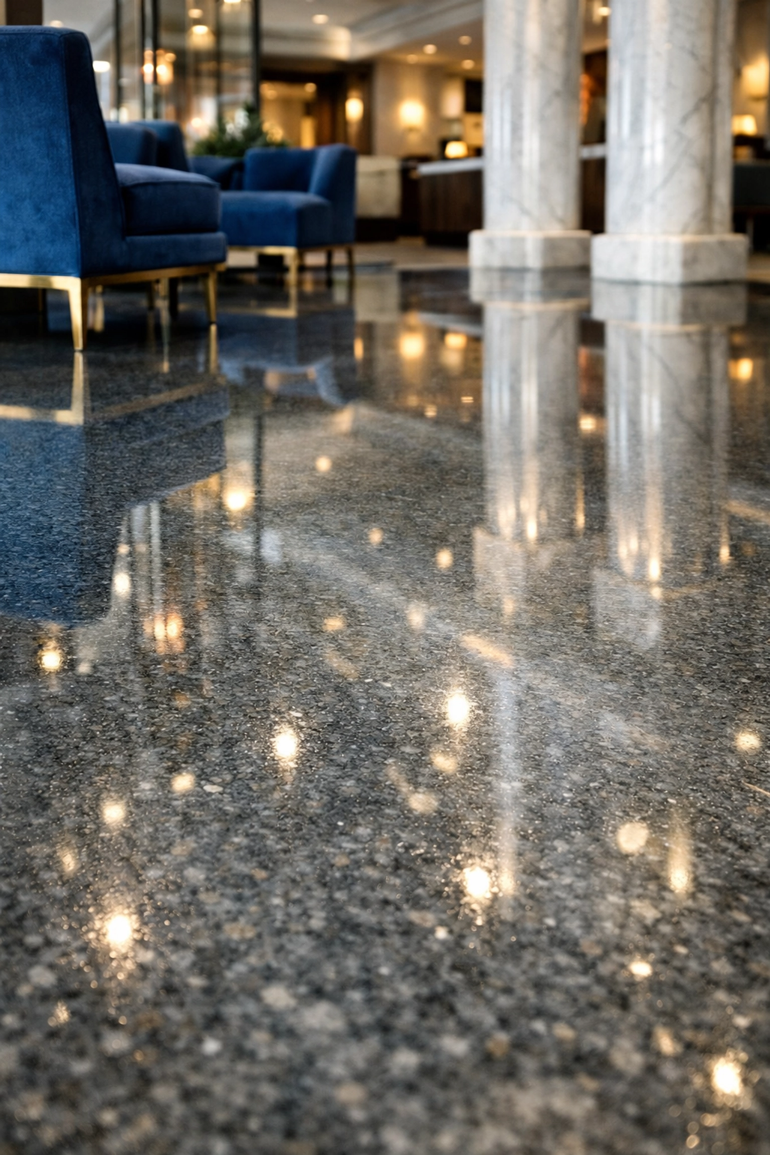 Wellesley commercial lobby showcasing deep-cleaned polished floors from janitorial services Massachusetts.