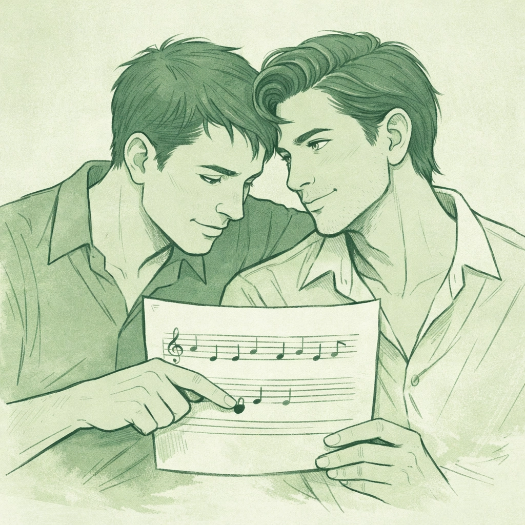 Two male singers sharing sheet music in an emotional moment from an MM romance book.