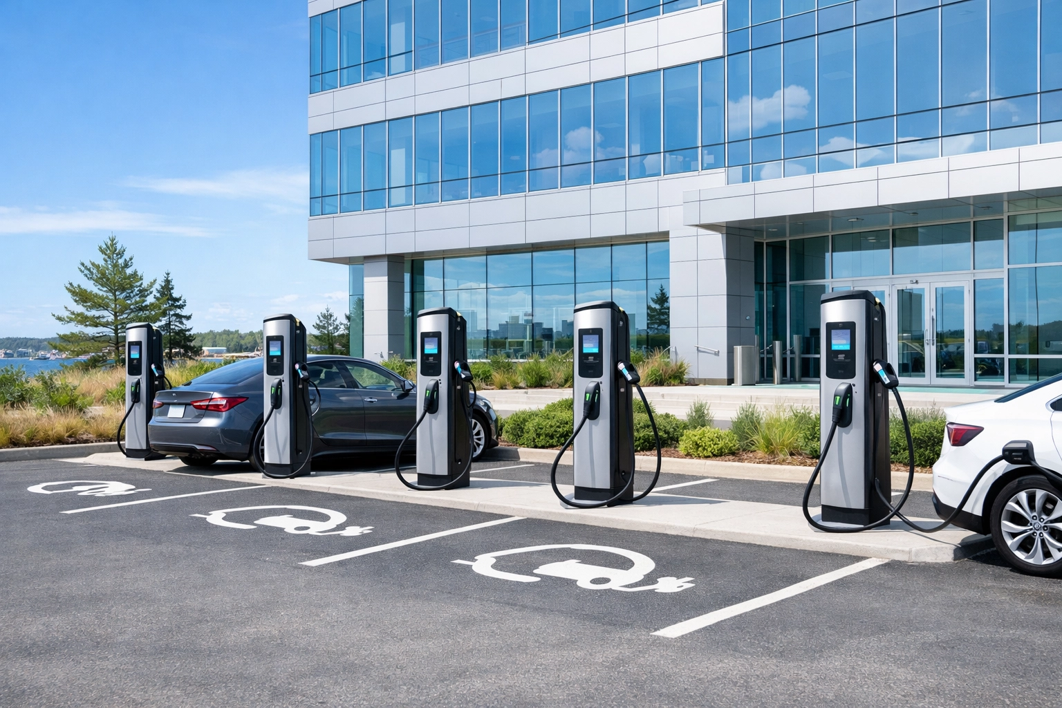 Commercial EV chargers in Portland, Maine installed at a modern office building parking lot.