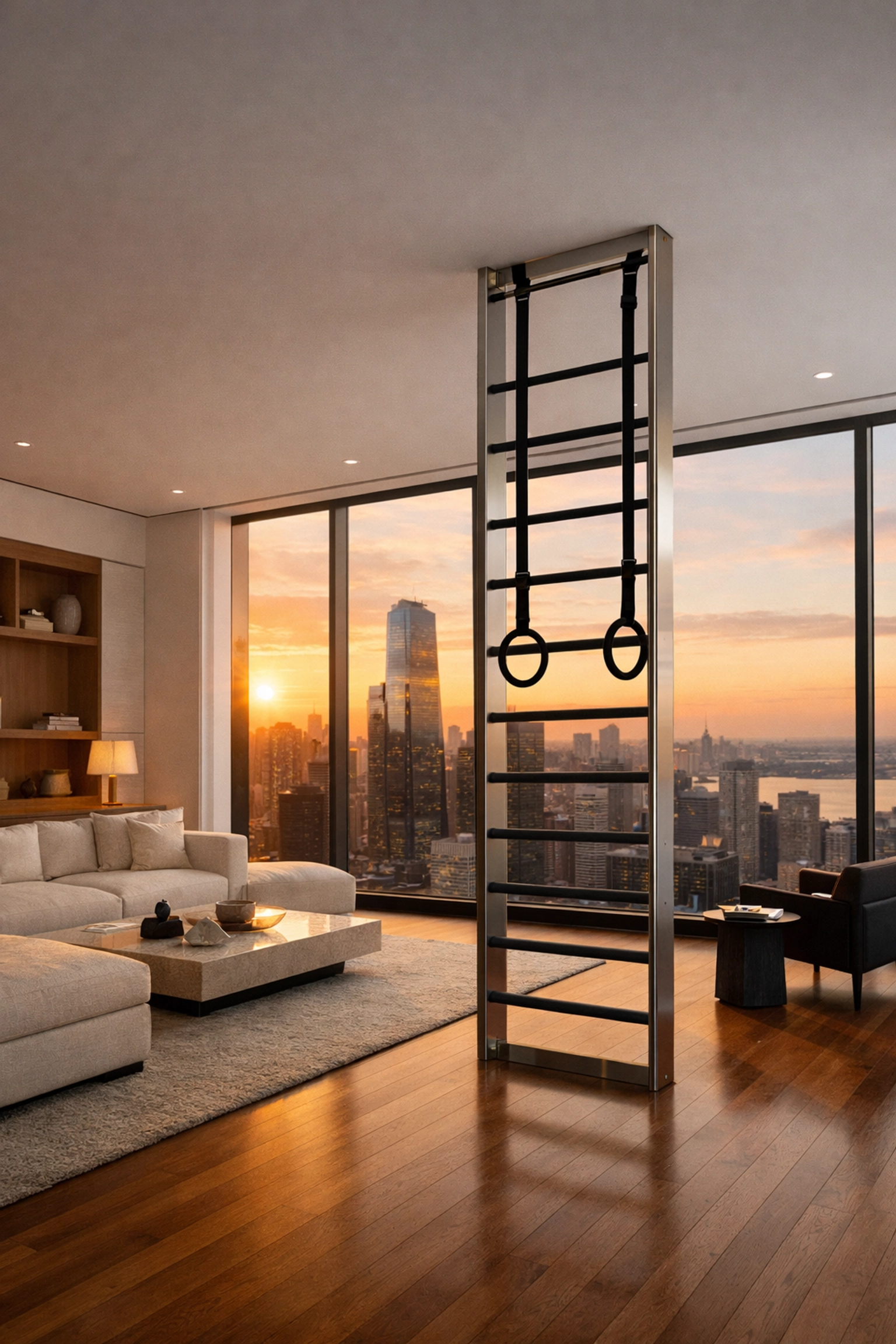 A sleek no wall damage workout system floor-to-ceiling gym installed in a modern apartment living room.