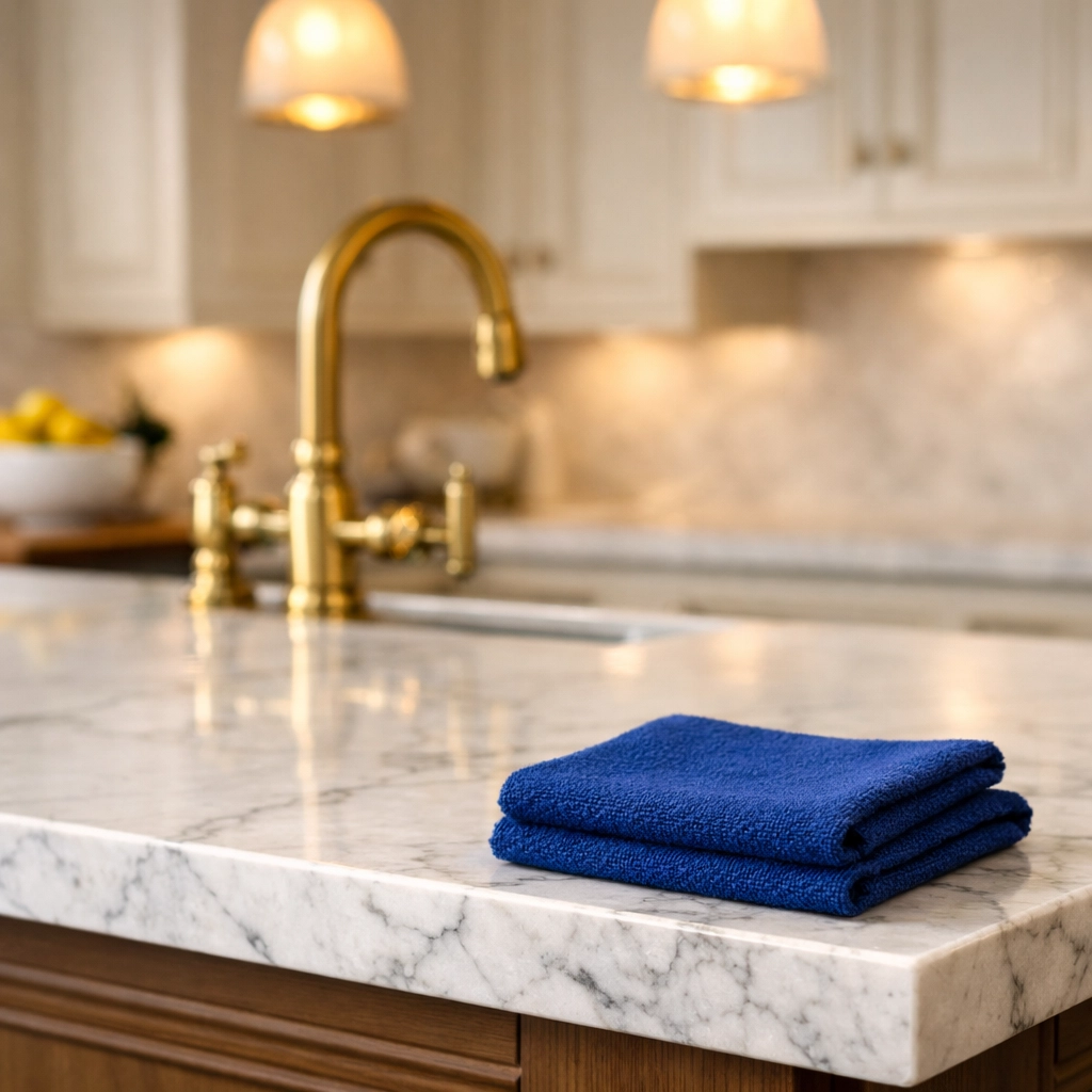 Professional luxury house cleaning in Dover focusing on delicate Carrara marble kitchen countertops.