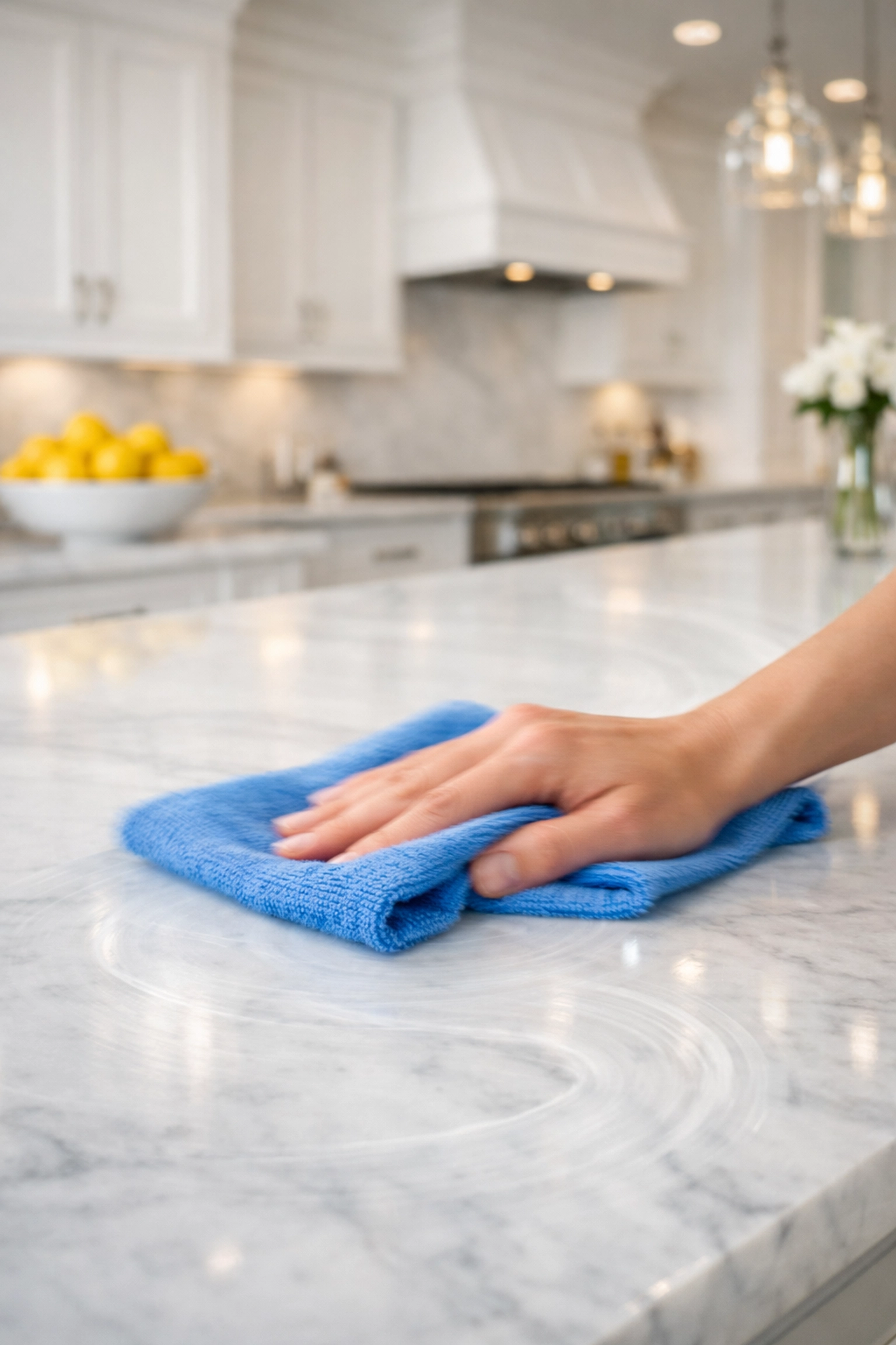 Professional S-pattern cleaning technique used on a luxury marble kitchen island in a Groton home.