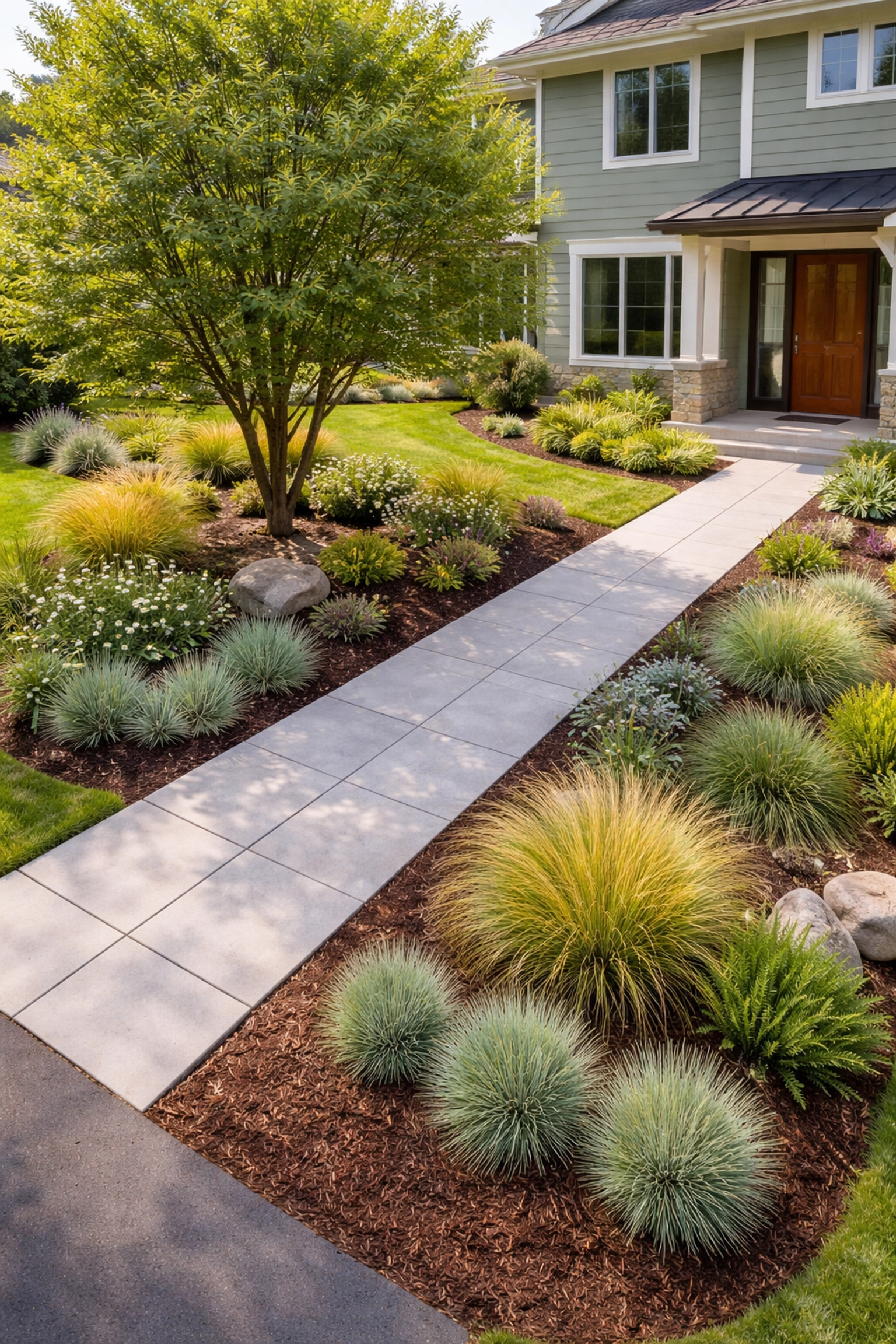 Aerial view of landscaped front yard with native plants, modern walkway, and sage green home exterior