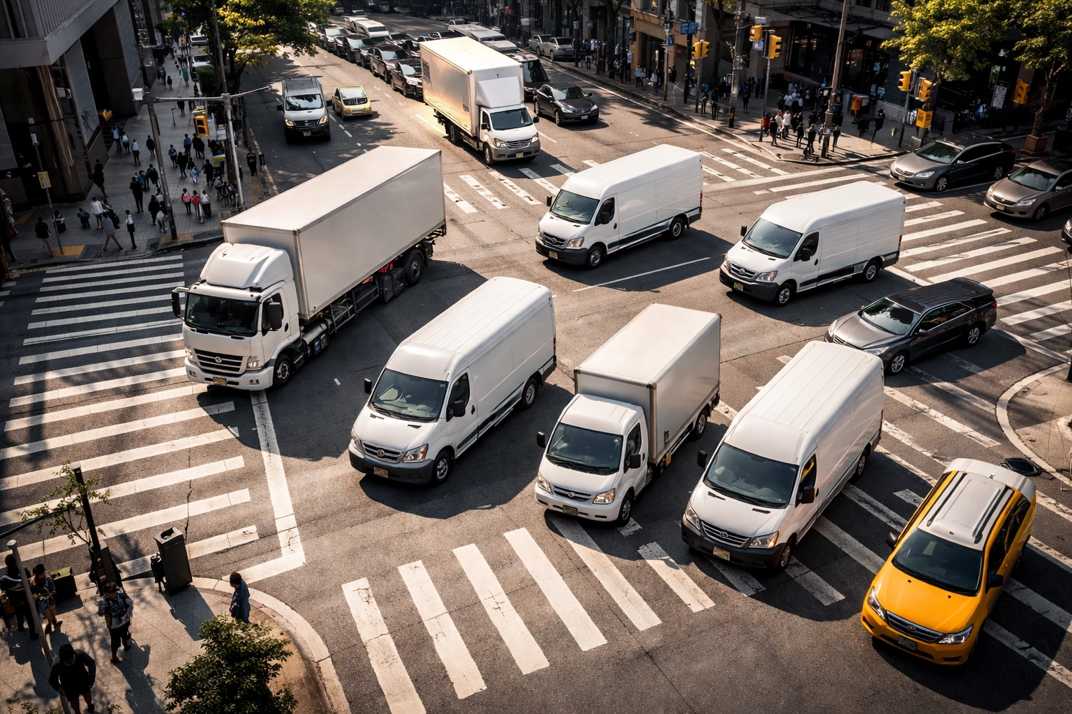 Bird's-eye view of busy urban intersection with multiple delivery vehicles, highlighting delivery route risks for commercial auto insurance.