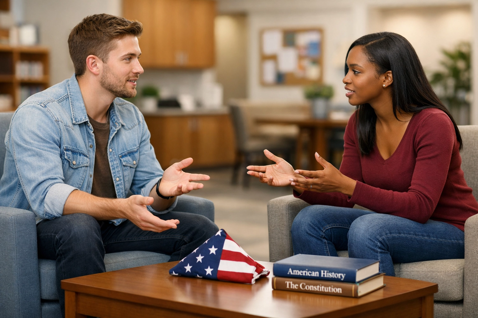 Two young adults practicing respectful debate and civic values near a folded American flag in a community center.