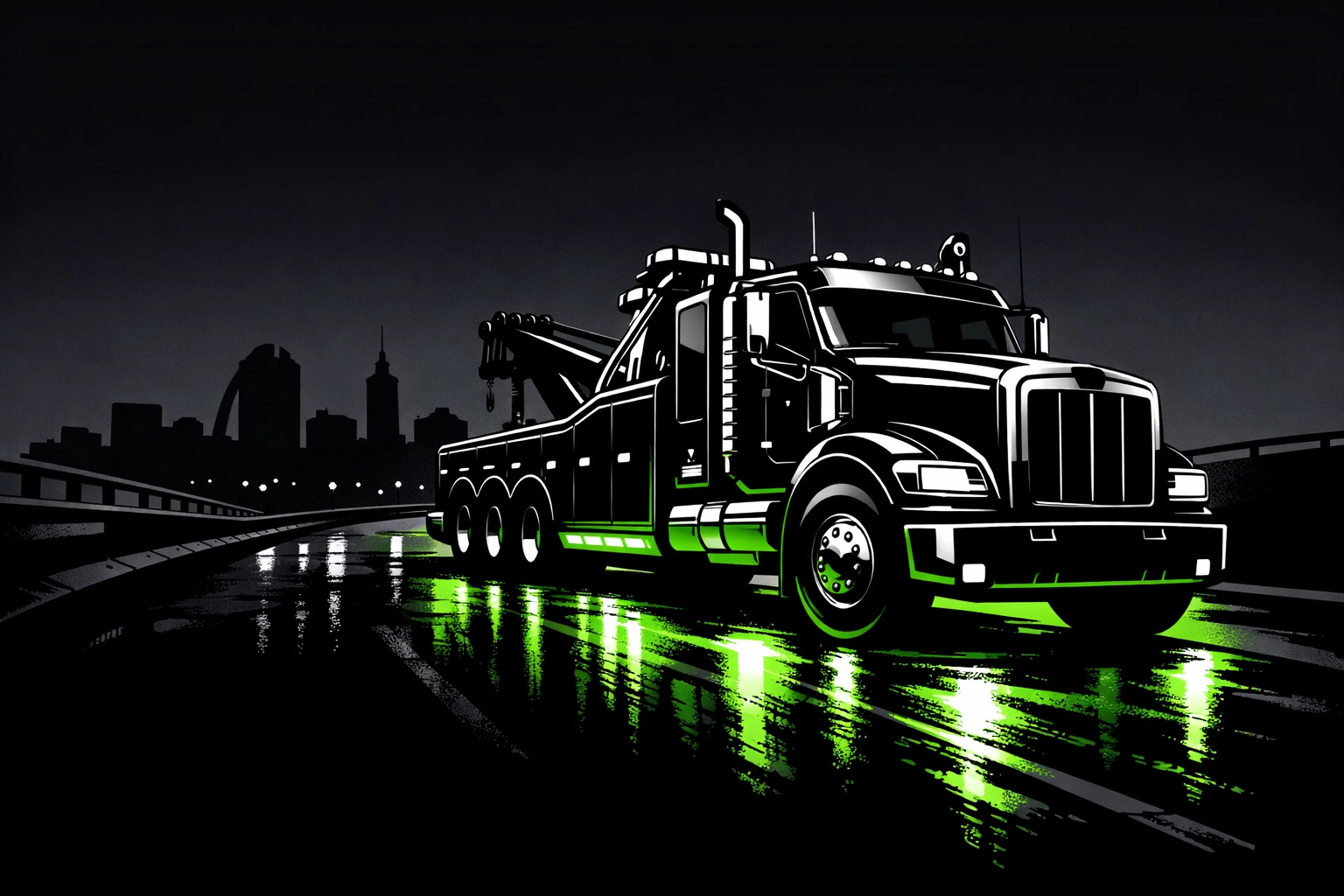 Professional tow truck overlooking the Springfield MO skyline at night, providing 24/7 towing services.