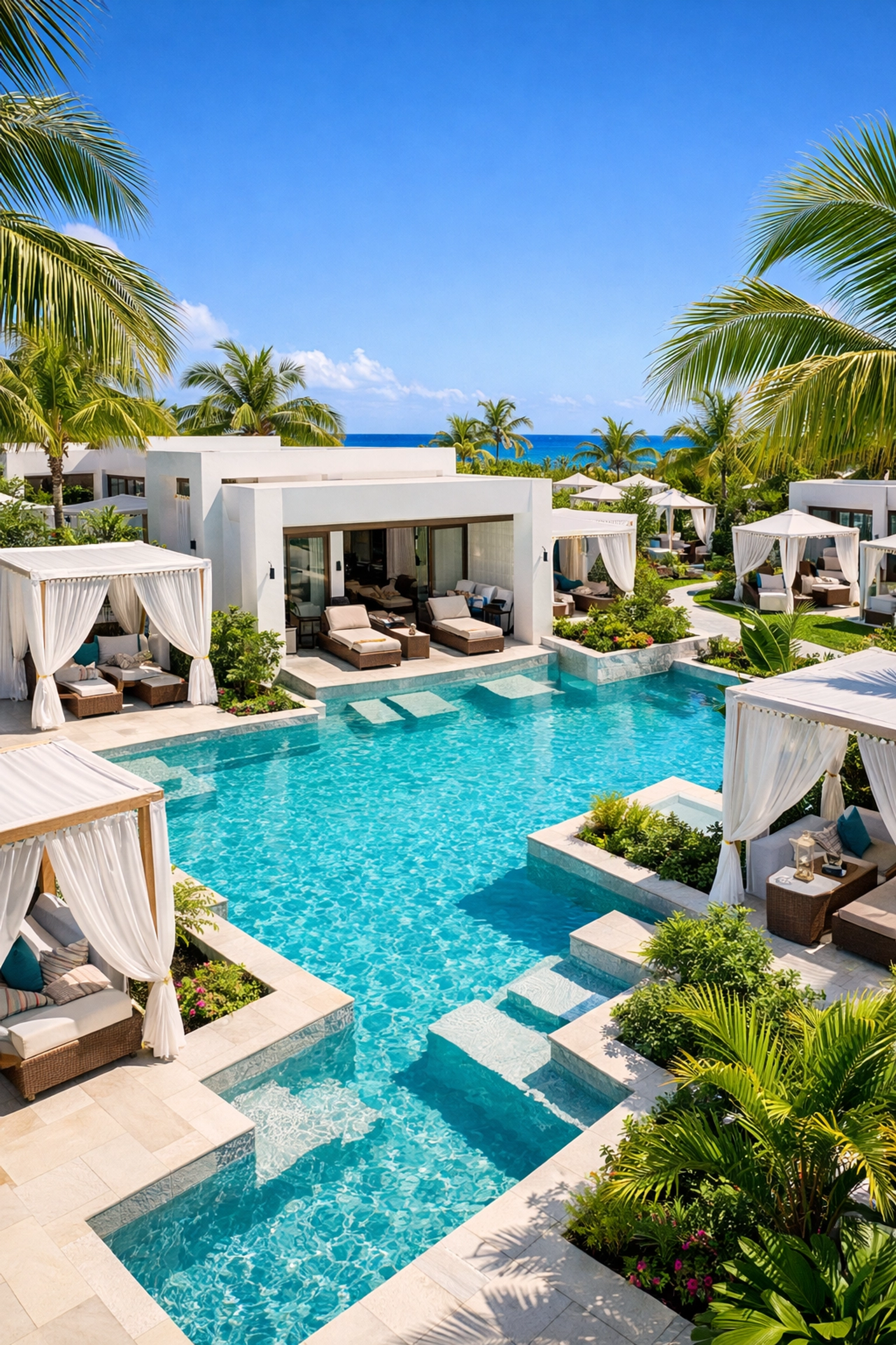 Aerial view of adults-only resort swim-up suite with private pool access