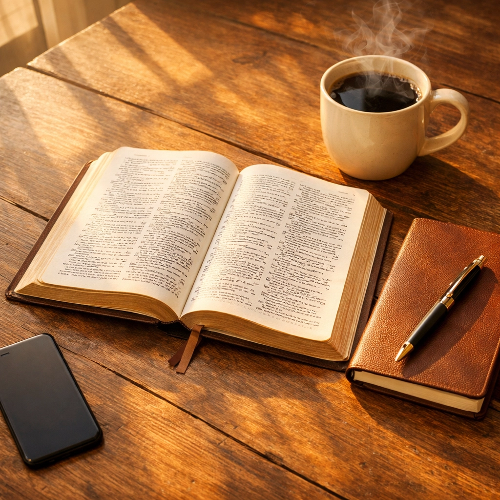 Morning Bible study with coffee and journal, phone face-down showing peaceful routine