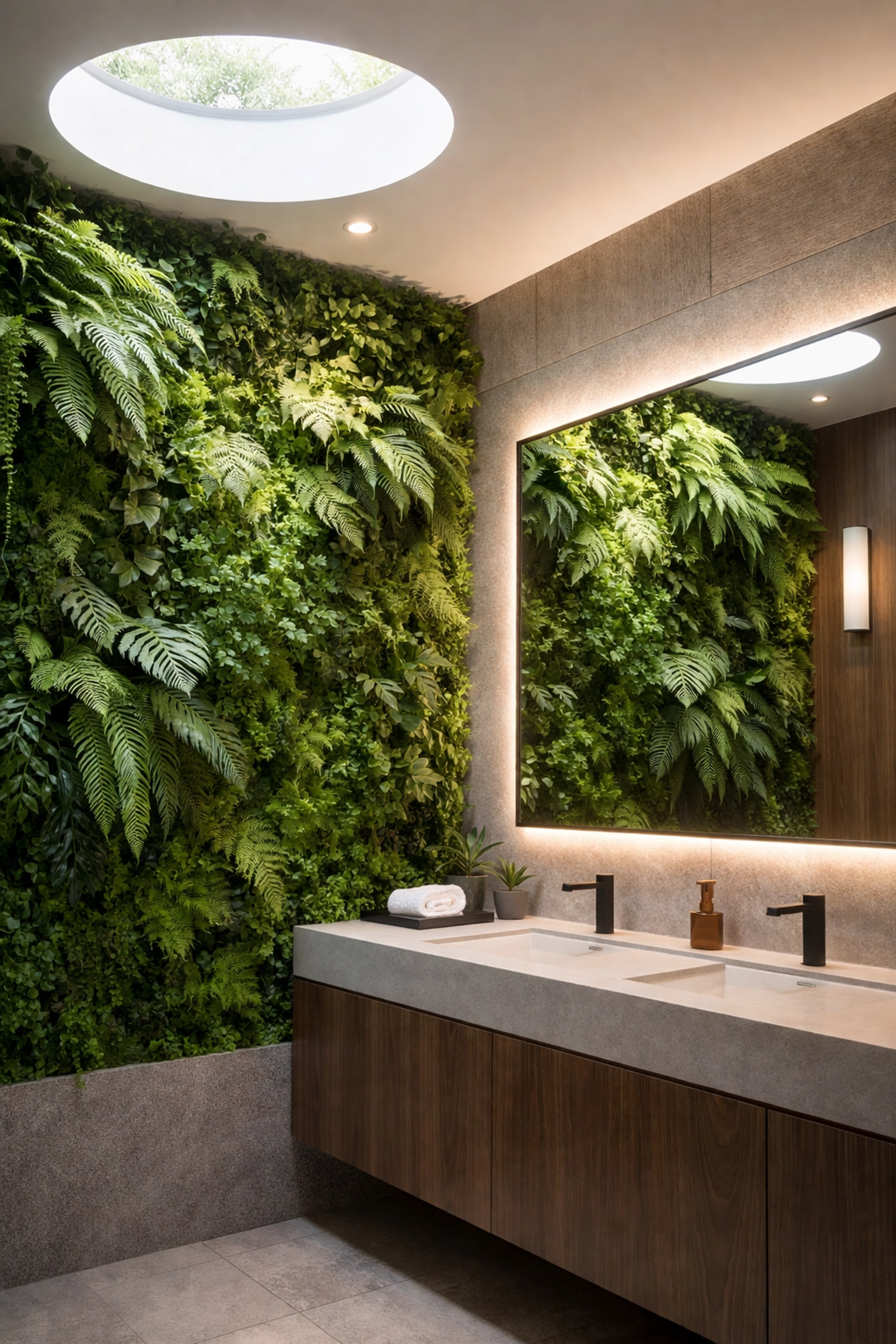 High-end commercial restroom corner featuring a living plant wall, biophilic accents, and natural skylight lighting